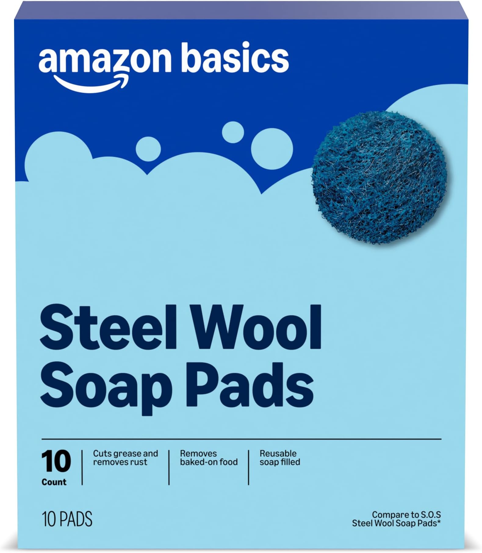 Amazon Basics Steel Wool Soap Pads, Reusable, Cuts Grease and Removes Rust, 10 Count, Pack of 1