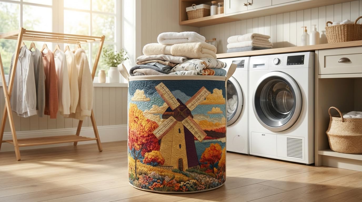 Laundry Hampers Quilted Fabric Storage Basket Boho Floral Bookish Design Large Capacity Organizer for Nursery Bedroom Laundry Room Holds Clothes Toys & Blankets (Sunset flower field)