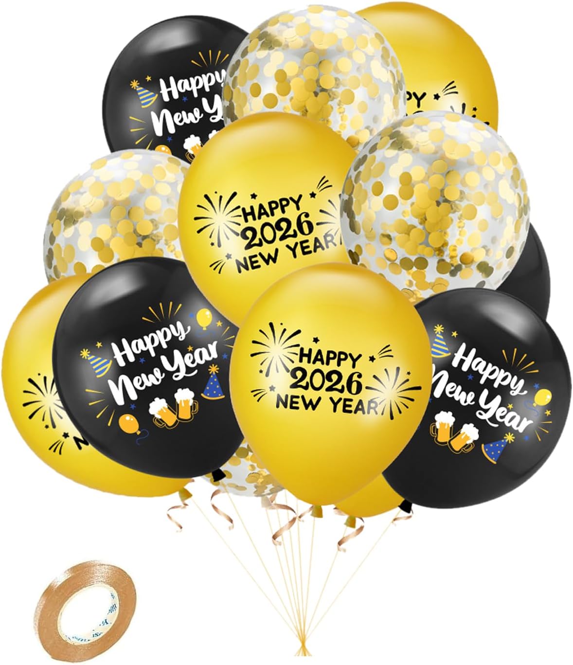 15Pcs New Years Eve Decorations 2026 Black and Gold Balloons,Happy New Year 2026 Balloons 12 Inch Gold Black Confetti Latex Balloon NYE Party Balloon for New Year's Eve Party Supplies