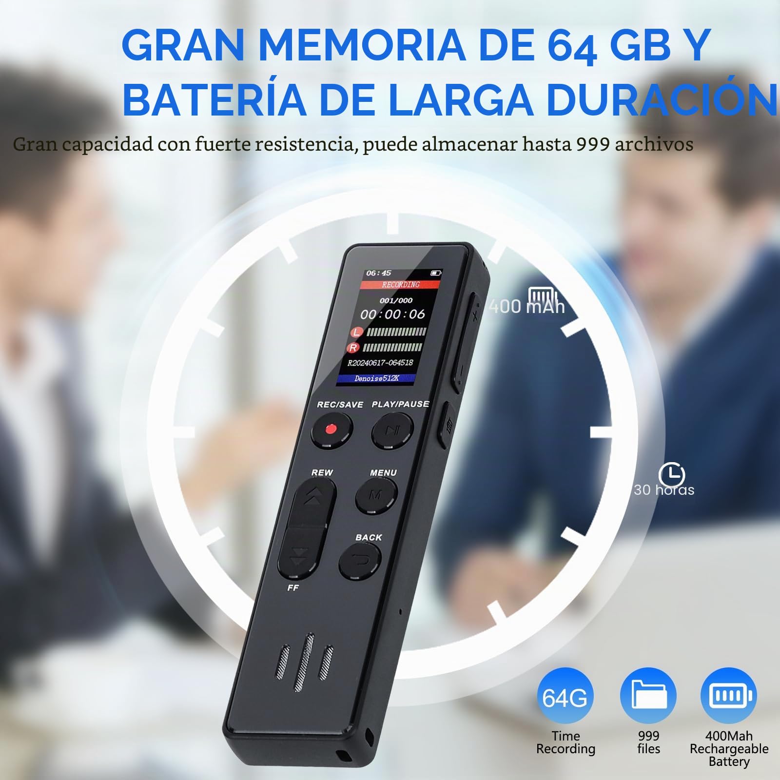 Grabadora de Voz COVVY de 64 GB - Activada por Voz, Portátil Con Reproducción - Mini Dispositivo de Grabación para Entrevista/Clase/Reunión