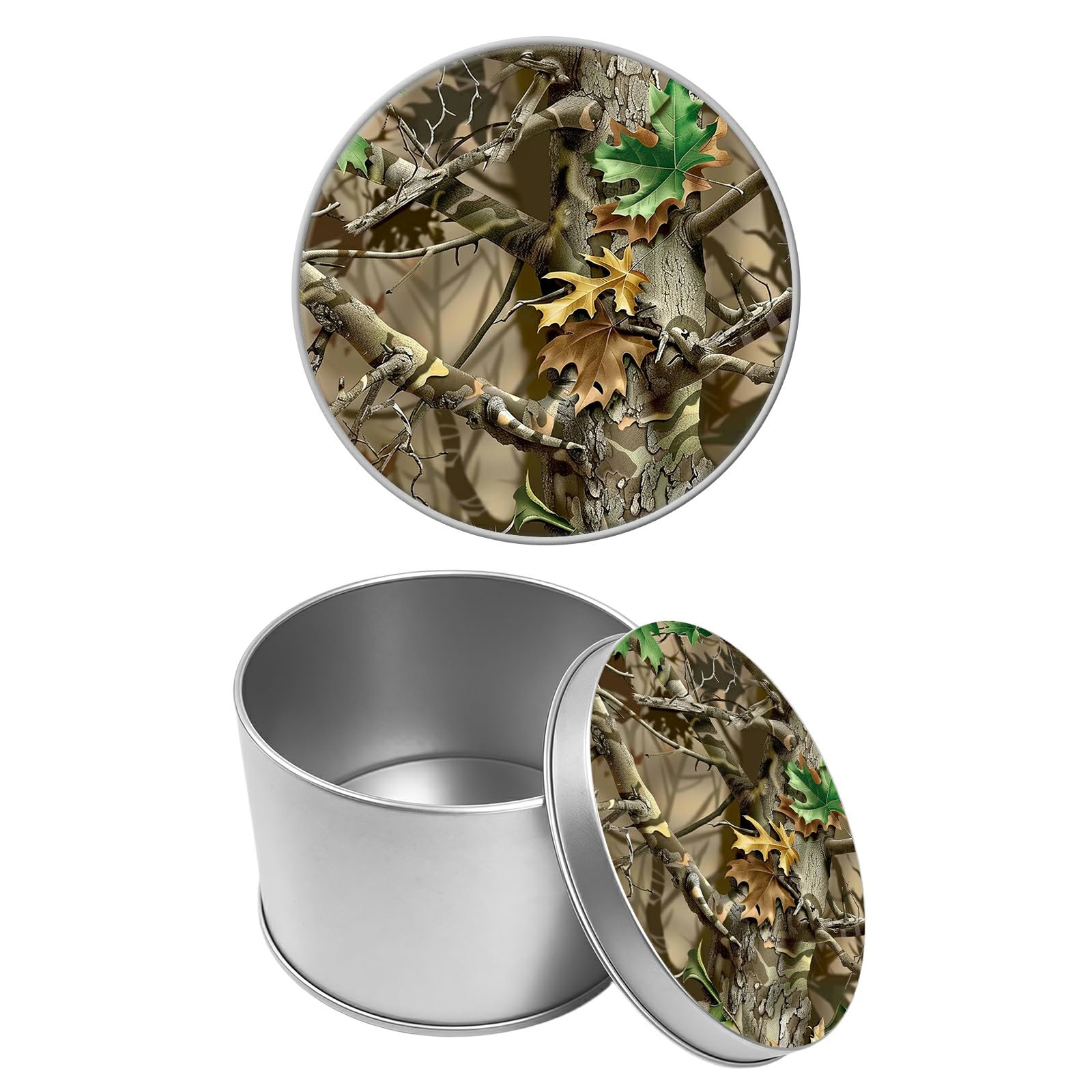 Round Metal Tin Container with Removable Lid, Camo Leaf Durable Metal Storage Box for Cookies Spices Tea Candies Cakes Jewelry Cosmetics 3.54 x 2.36 inch– Single Pack
