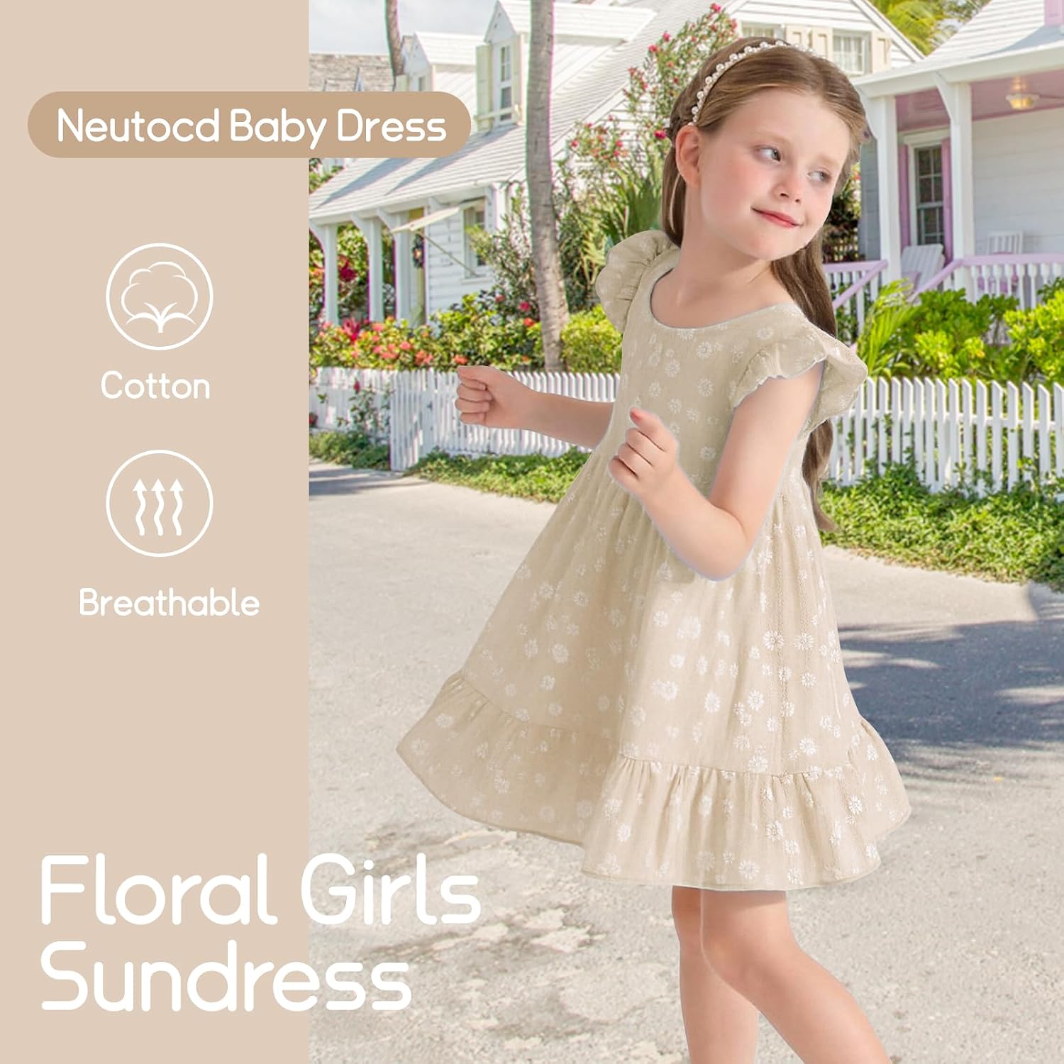 Neutocd Toddler Baby Girls Ruffle Dress Flutter Sleeve Backless Summer Floral Casual Cotton Sundress for Beach