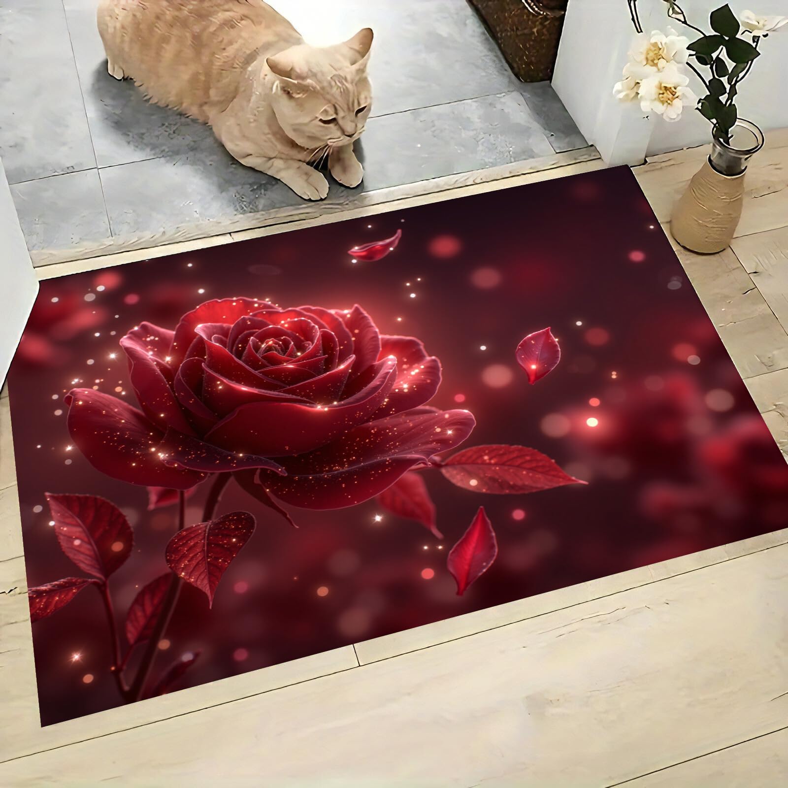 Tapis de Bienvenue Rose Rouge Paillasson Aquarelle Fantastique pour Porte 70x100