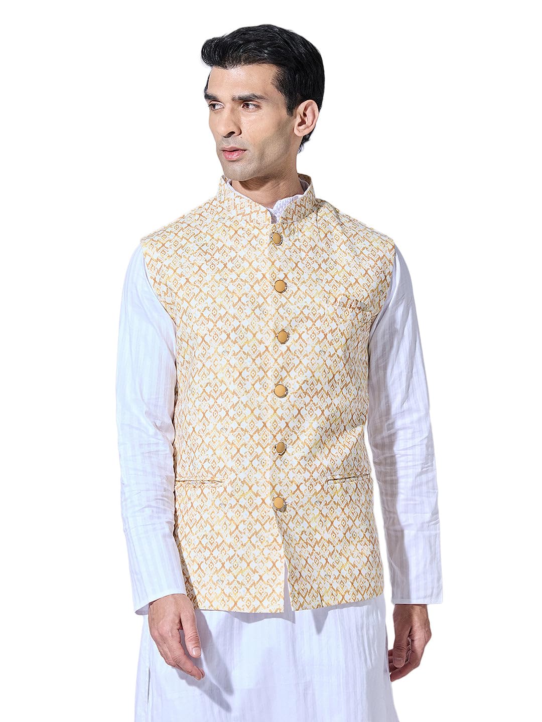 showoffff Men's Printed Yellow Nehru Jacket-AK-4271-3_Yellow-picture-10