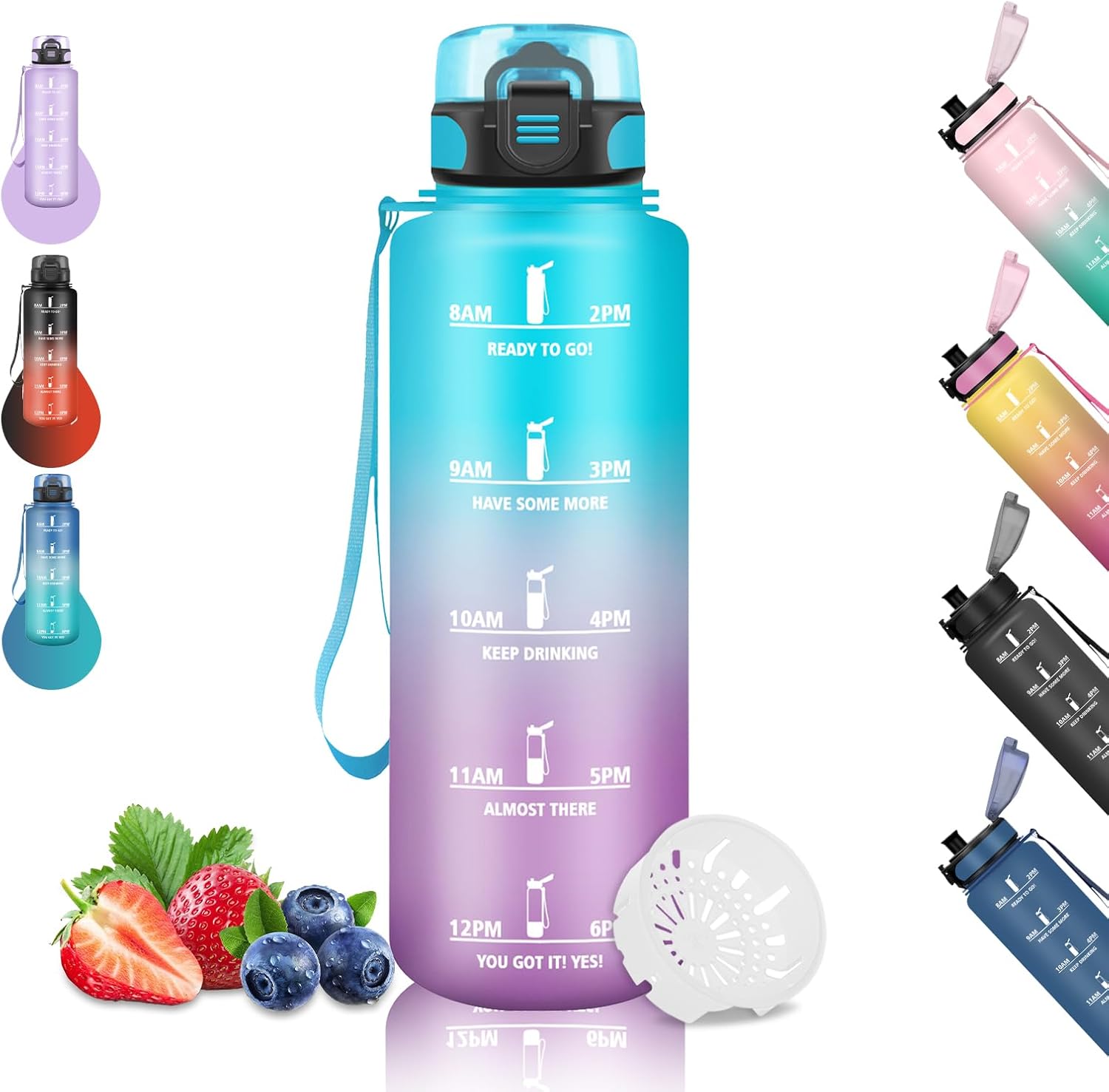 Grsta Drinking Bottle 1 5 Litres, Sports Water Bottle, Leak-Proof, with Filter, Gym Drinking Bottle, with Motivational Slogan, Water Bottle for Running, Yoga, Camping, Hiking, Blue/Purple