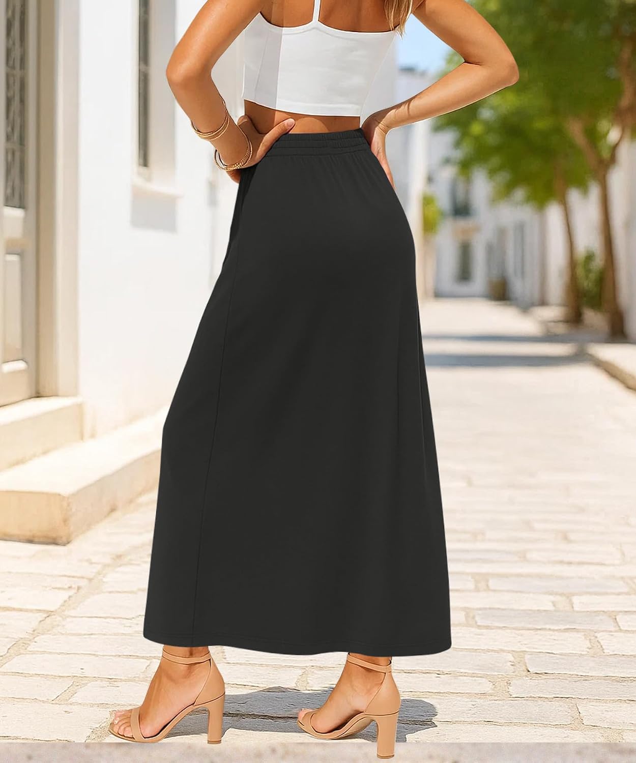 YSYOKOW Women's Flowy Maxi Skirts Elastic High Waisted Casual A-Line Long Skirt with Pockets 2026 Trendy