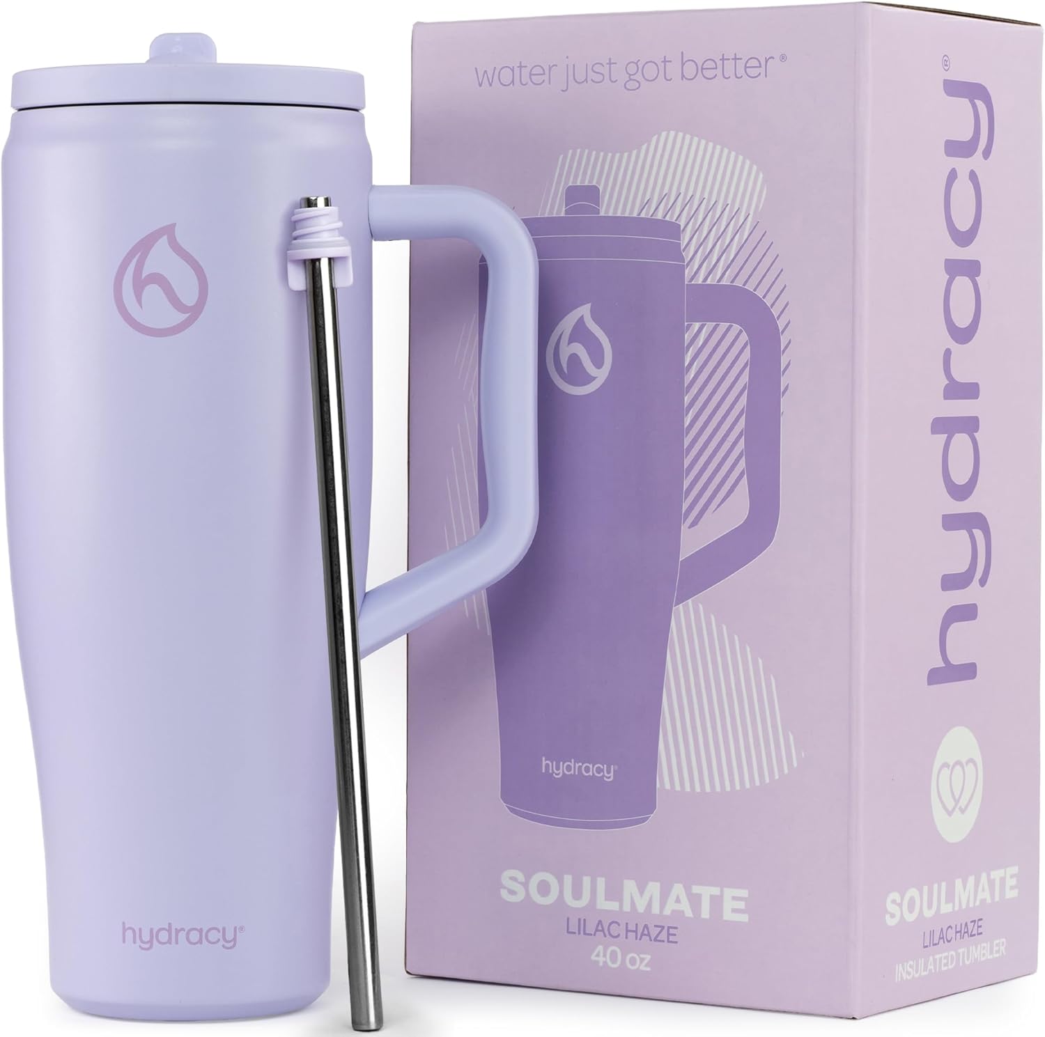 Hydracy Soulmate 40oz Tumbler with Handle and Flip Straw - 100% Leakproof Reusable Insulated Cup with Stainless Steel Straw - Cupholder Friendly Rubber Base Travel Mug - Lilac Haze