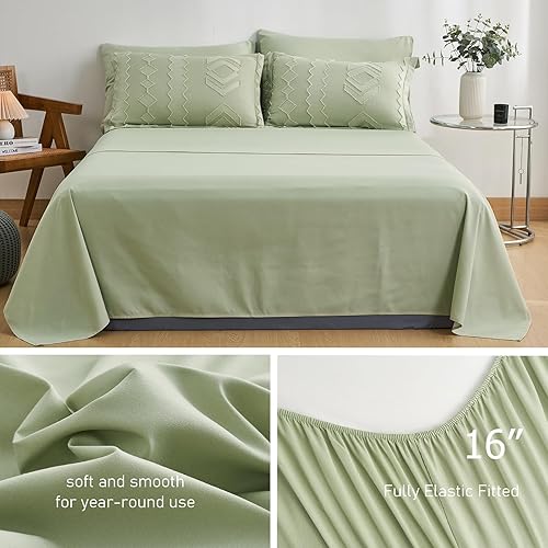 Miniatura 5 de Juego de edredón tamaño Queen de 7 piezas de color verde salvia, juego de ropa de cama tamaño Queen con bordado geométrico, juego de edredón bohemio