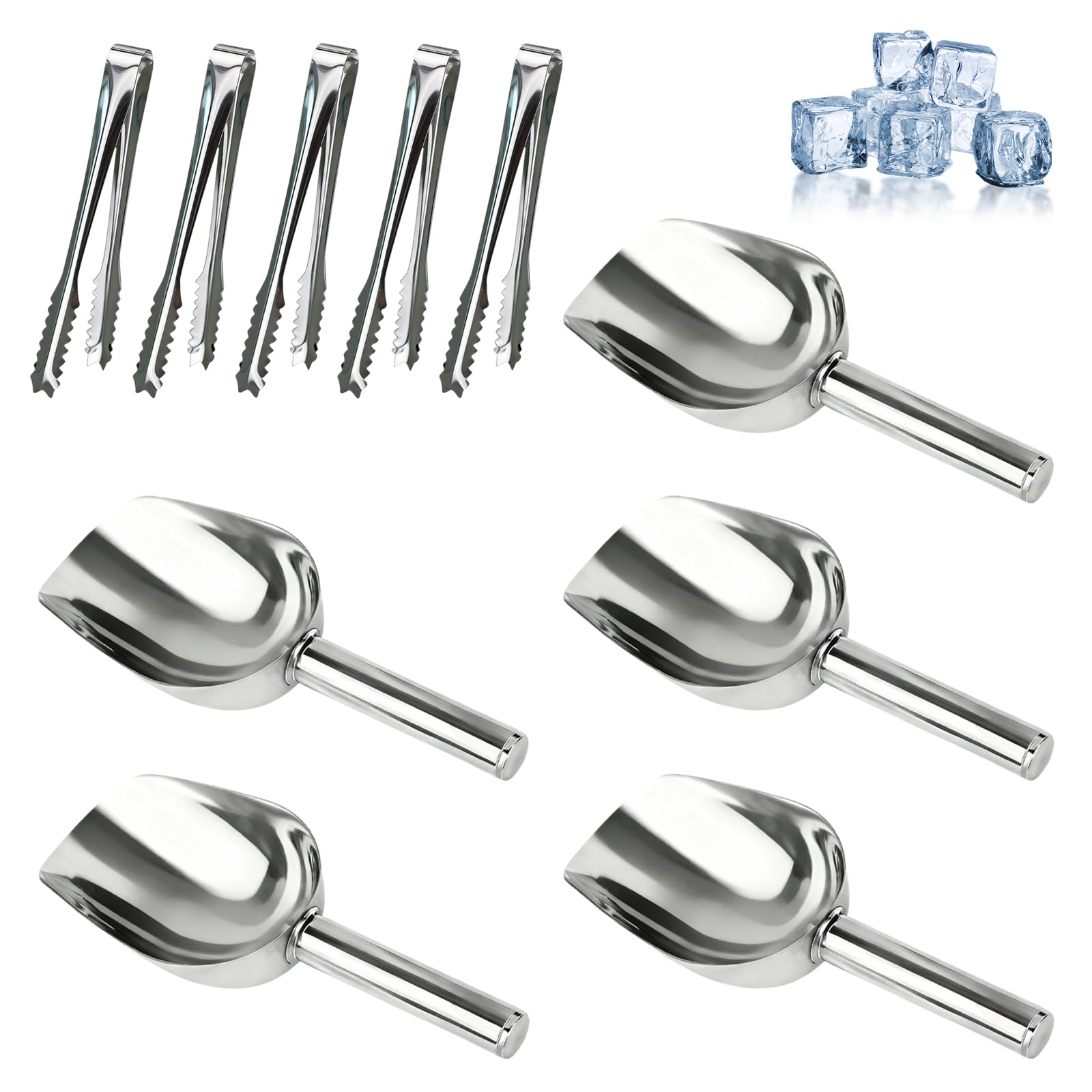 Stainless Steel Sweet Scoops and Tongs Set, 10Pcs Sweet Scoops and Ice Tongs Set, 5 Sugar Tong and 5 Ice Scoop Suitable for Cafes Restaurants Birthday Parties Weddings