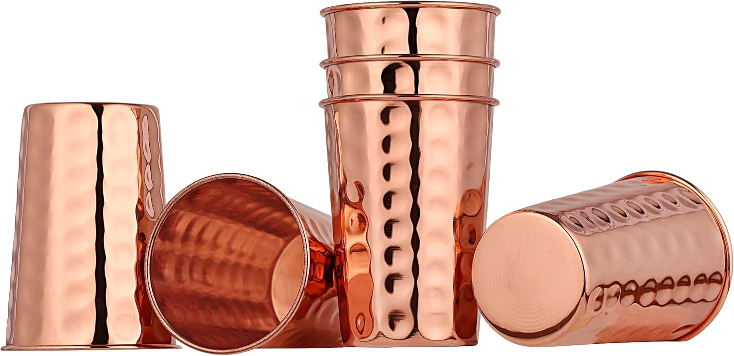 HealthGoodsIn Pure Copper Cups Set of 6 - Pure Copper Drinking Cups & Hammered Copper Tumbler for water 11.8 oz (350 mL), Ayurvedic Copper Cups for Daily Use