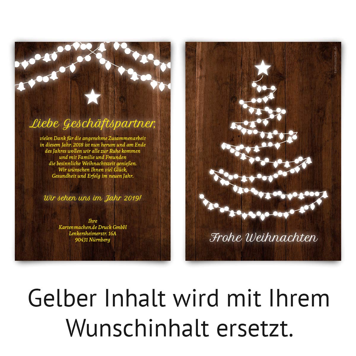 50 x Geschäftliche Weihnachtskarten Grußkarten individuell Weihnachten - Holz Lichterkette