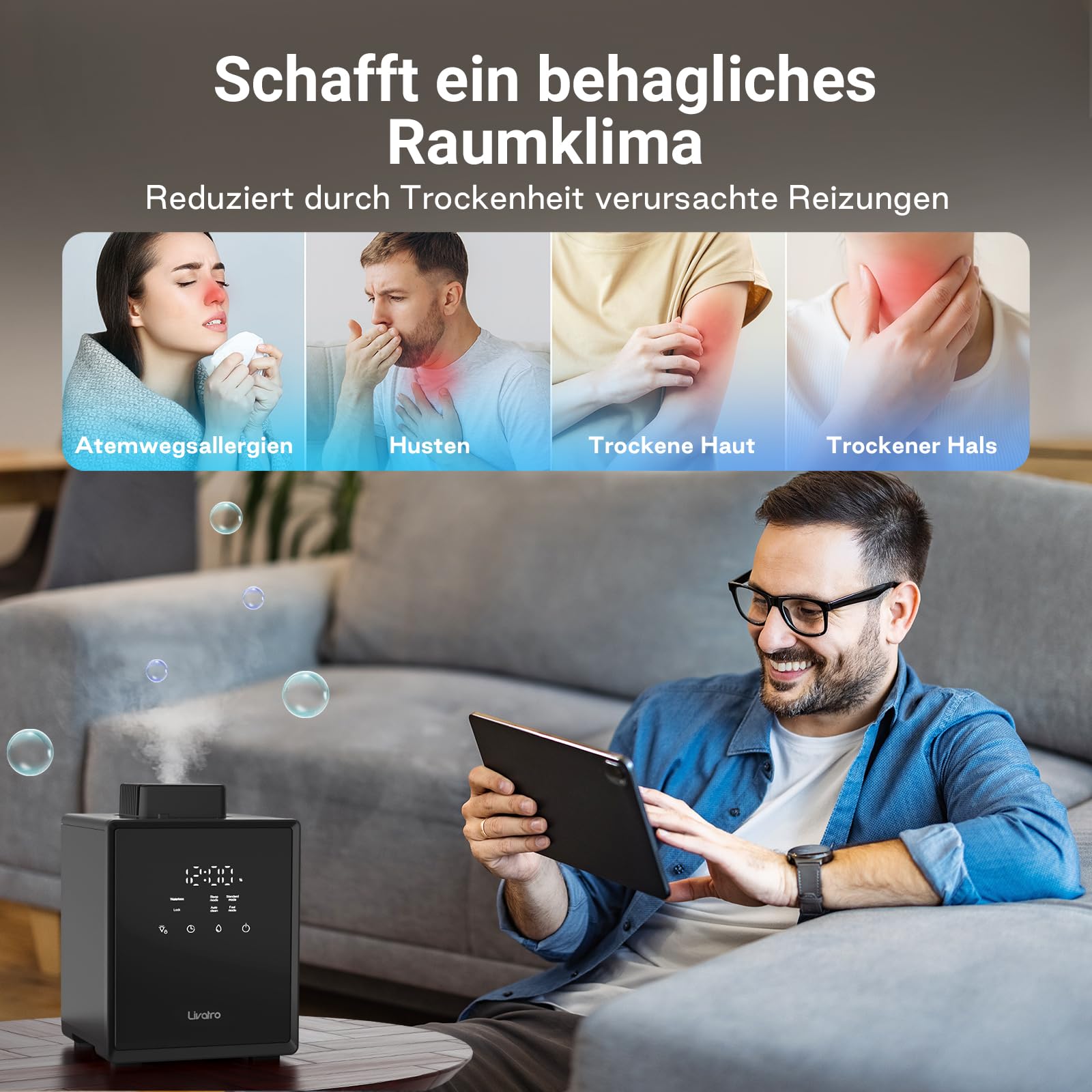 Livatro Luftbefeuchter Schlafzimmer Top-Fill, 3L Edelstahl Warmnebel Luftbefeuchter, Reduziert 99,97% der Bakterien, Für Schlafzimmer und Wohnzimmer, Spülmaschinenfest Humidifier,mit Schlafmodus | Top Füllung mit Edelstahl Wassertank; Schlafmodus und spül