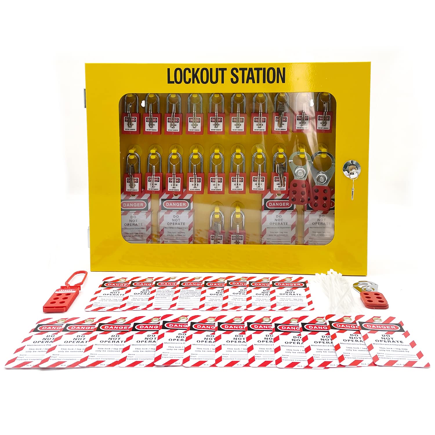 SAFBY Kit de metal de estación de etiquetado de bloqueo con etiqueta de bloqueo Loto 4 cierres, 40 etiquetas, 20 cerraduras con número 1-20 (estación de metal grande)