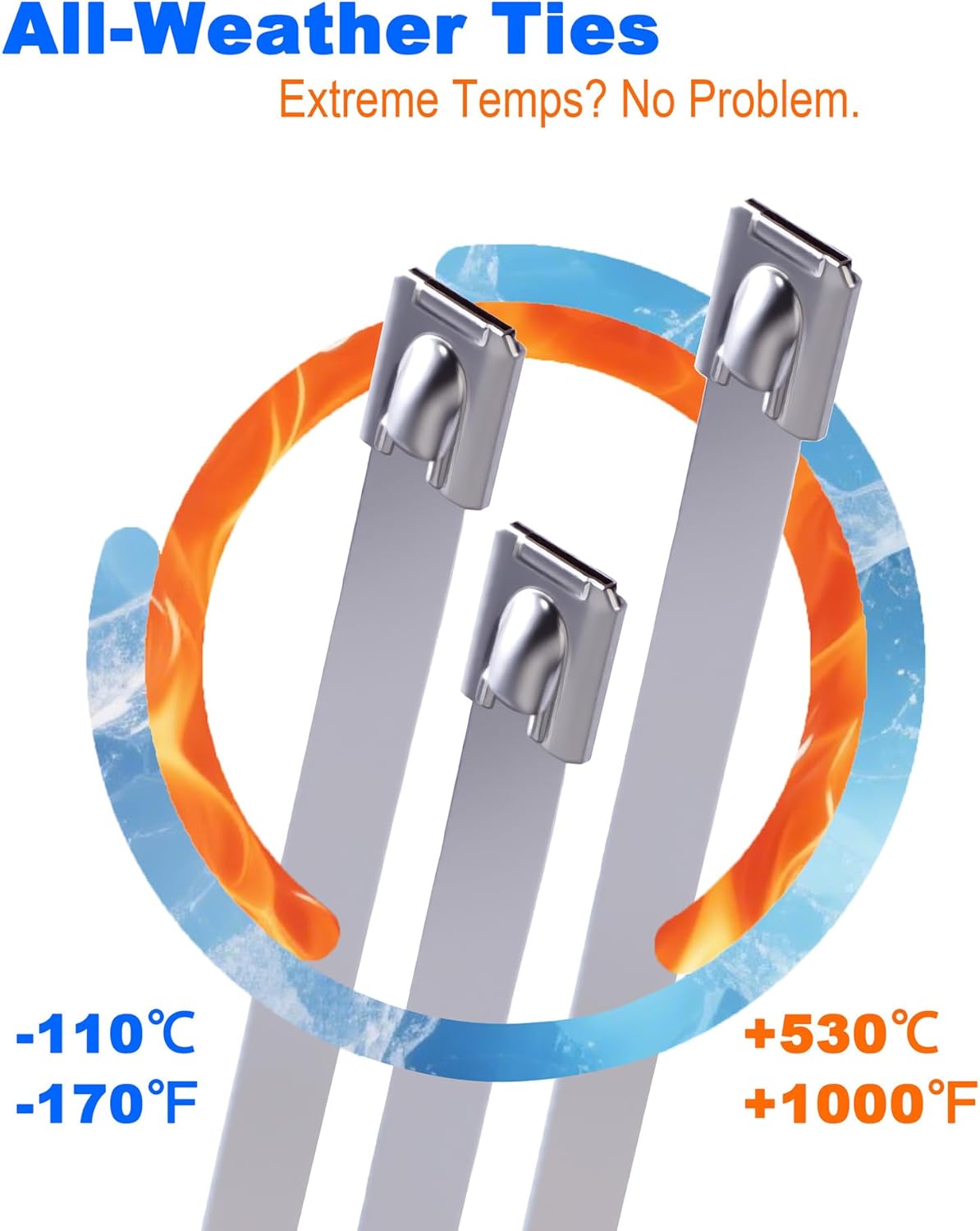 Metal Cable Ties(50Pcs), 16" (400mm) 304 Stainless Steel Zip Ties， 450LB Heavy Duty (2X Stronger) W/0.31" (7.9mm)., Heat Resistant for Exhaust Wrap/Fencing/Pipes/Auto Repair, Replace Metal Wires.