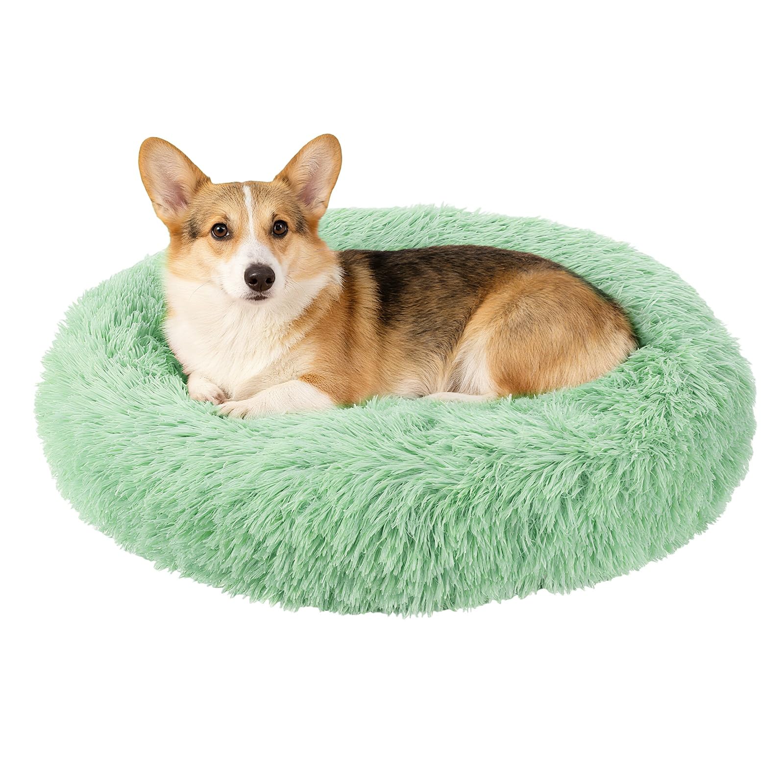 sourcing map Cat Dog Bed, Round and Soft Fluffy Donut Plush Pet Bed Anti-Anxiety Pet Cushion 60cm / 23.5 Inches, (Green), Intended for Small Medium Animals Dogs/Cats