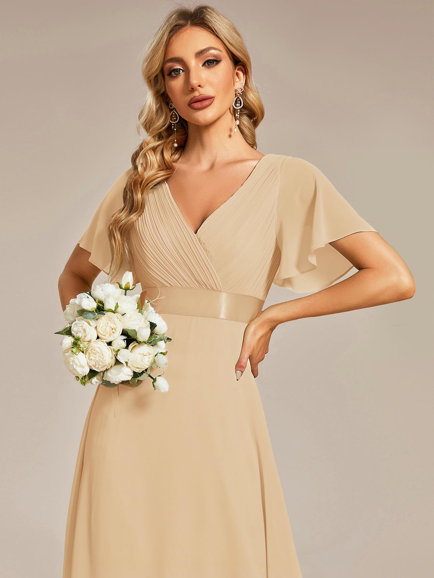 Ever-Pretty Robe de Soir e en Double V-col et Manches Courtes Champagne 34