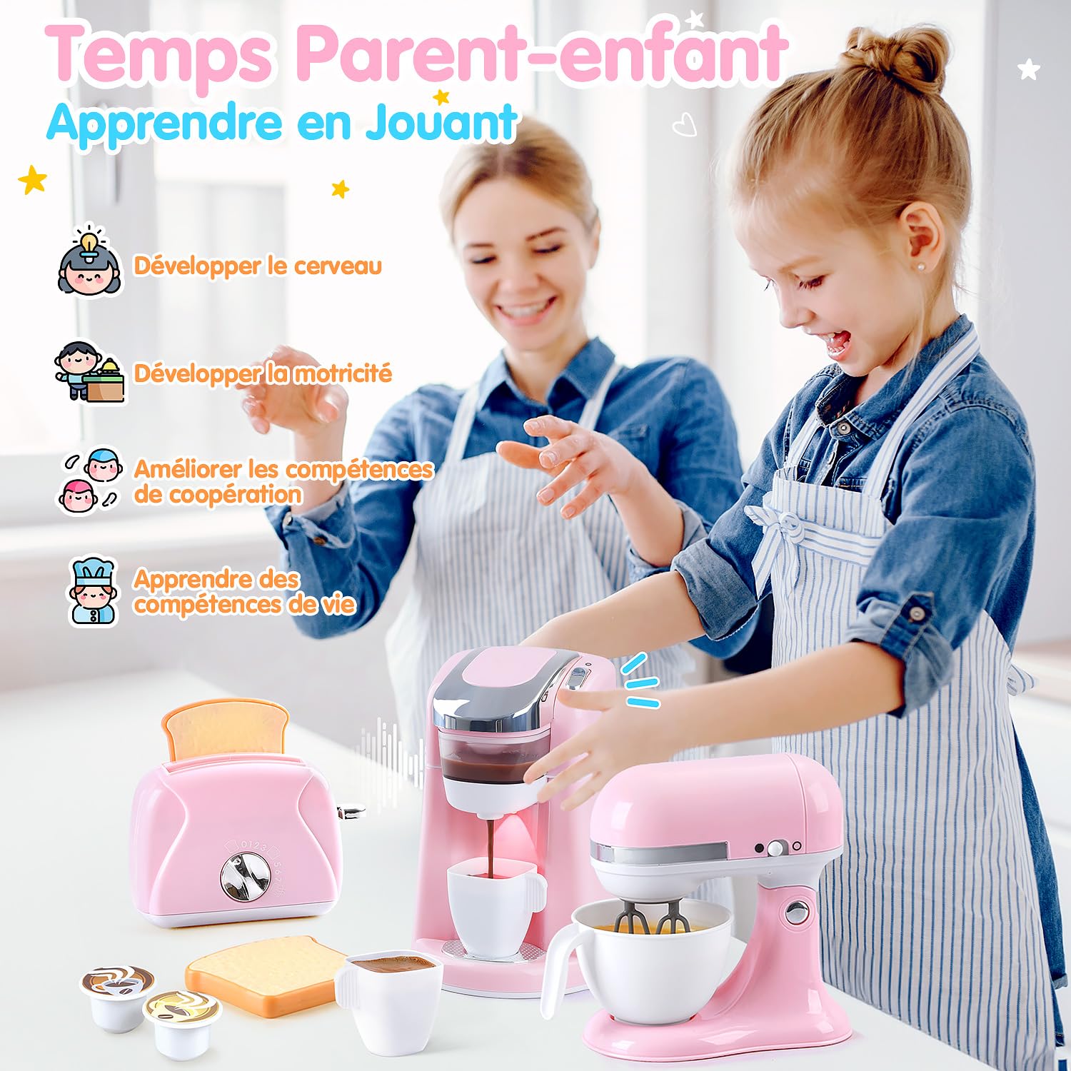 PLAY Accessoire Cuisine Enfant avec Cafetière, Mixer, Grille-Pain avec Llumière et Son Réalistes, Set de Ustensile Cuisine Cadeau pour Enfant 3+ Ans (Rose)
