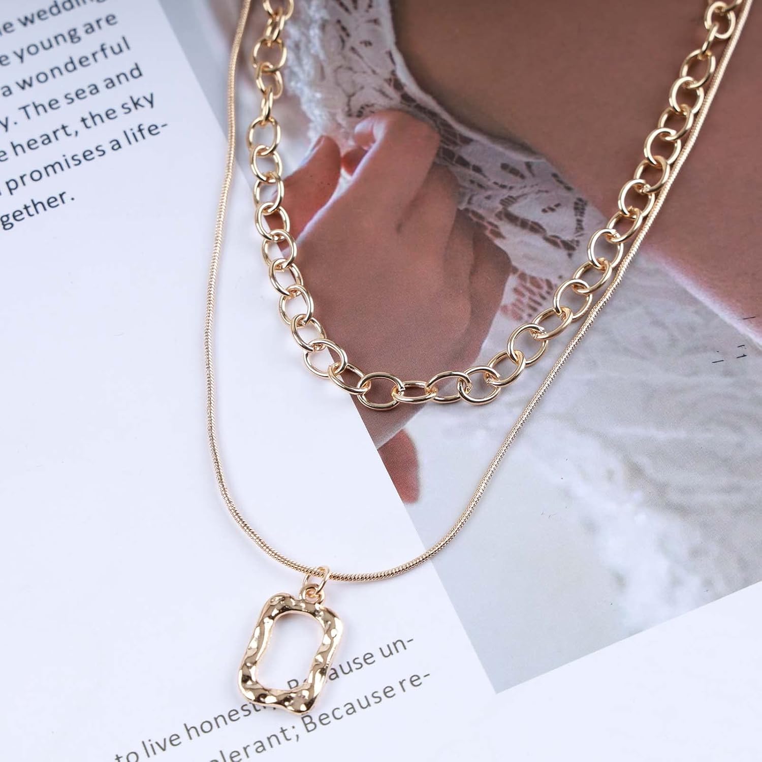 Bohemian Layered Choker Necklace Textured Square Pendant Necklace Gold Raised Square Necklace Paperclip Chain Necklace Geometric Carved Rectangle Necklace Jewelry for Women and Girls Gifts - Image 4