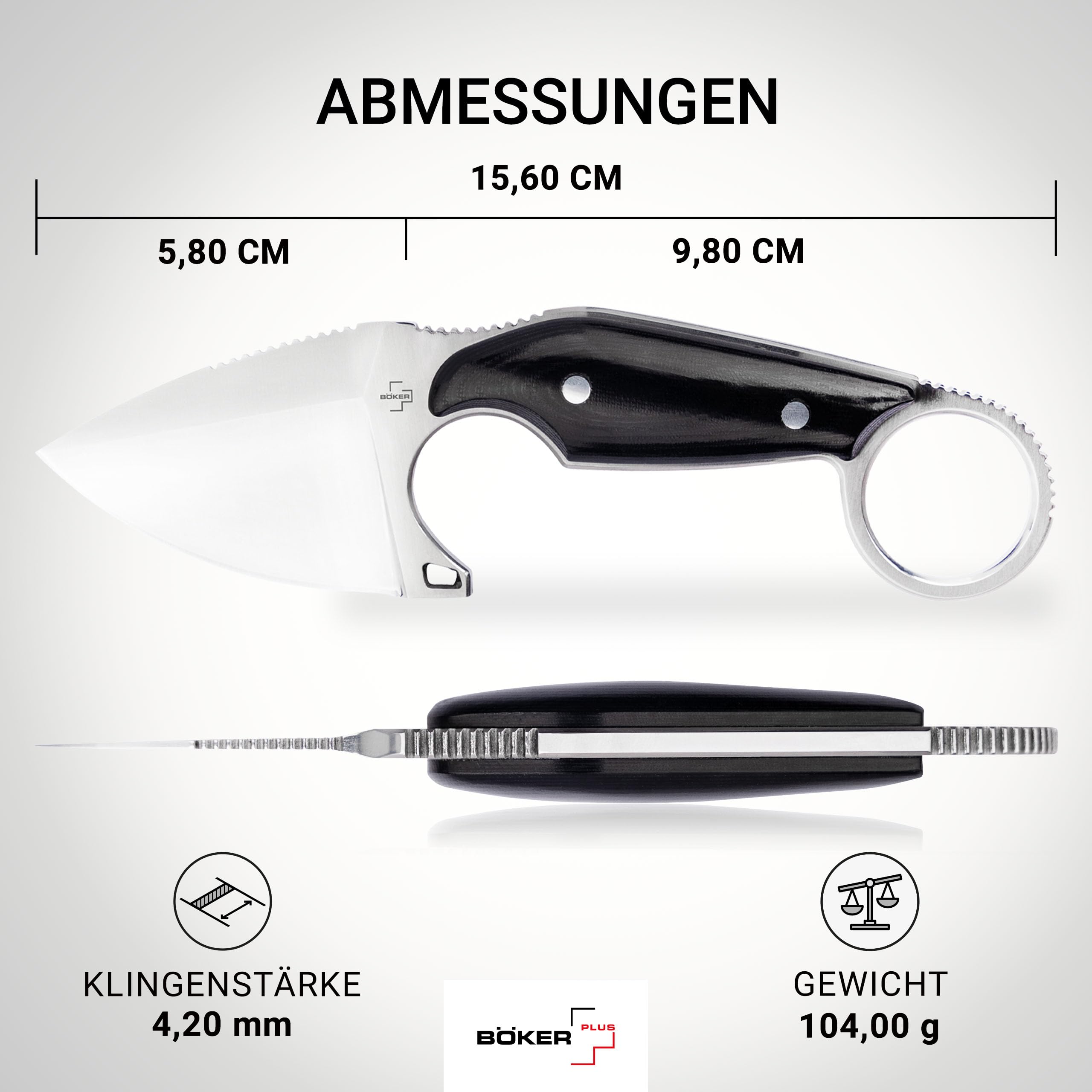 BÖKER PLUS® Enki - kleines Full Tang Messer mit Kydexscheide - taktisches Messer mit 5,6 cm D2 Droppoint Klinge feststehend - Neck Knife 42a konform - Backup Messer mit Micarta Griff schwarz & Ring