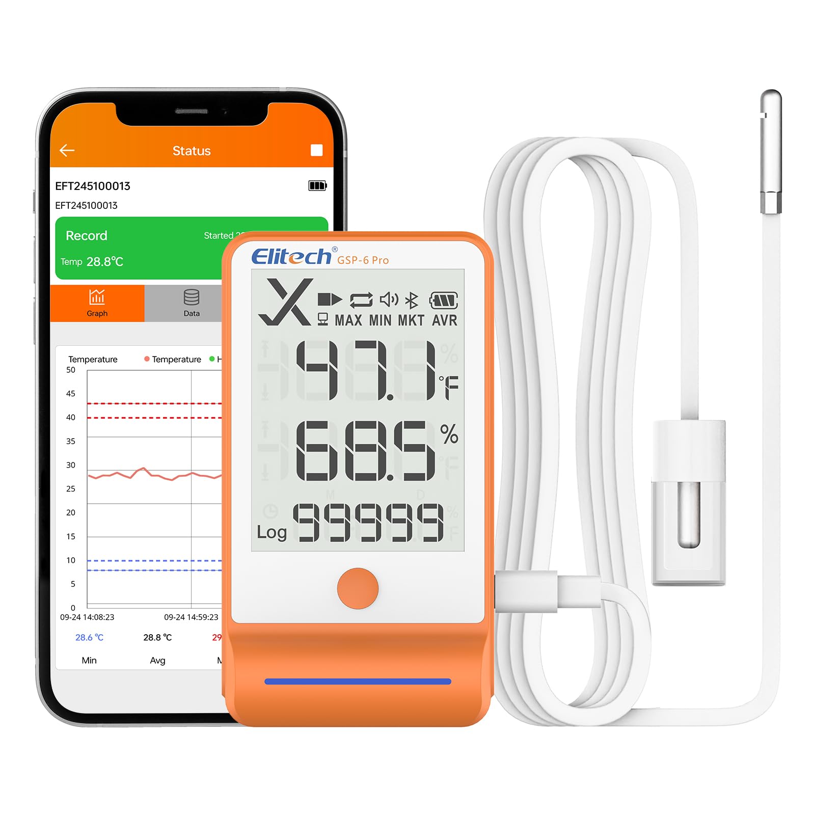 Elitech Bluetooth Thermometer Data Logger Temperature with Shadow Data 100000 Points Data Storage Export, Pharmacy Vaccine DDL Calibration Certificate, MAX MIN AVR MKT GSP-6Pro-GLE