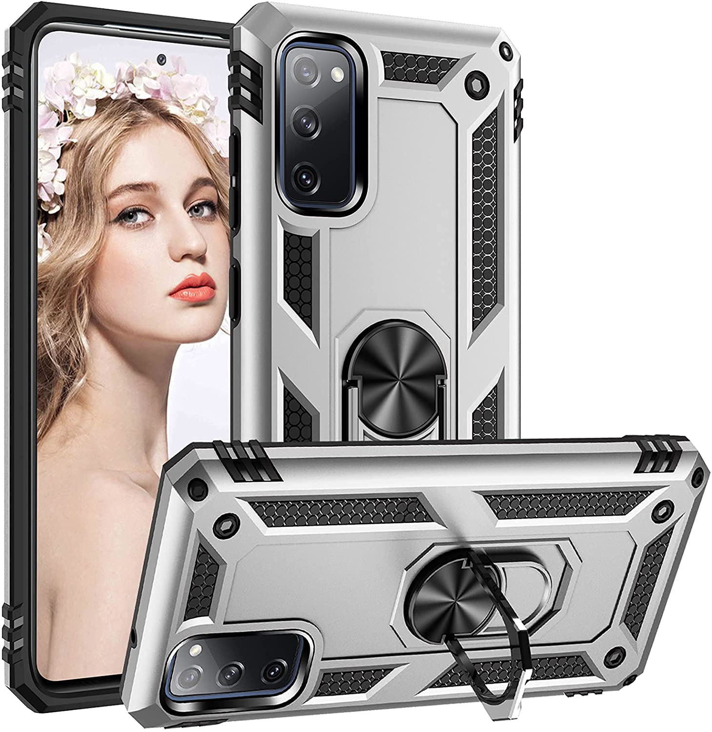 KASTWAVE Compatible for Samsung Galaxy S20 FE 5G Case Rugged Military Grade Shockproof Anti-Drop Phone Case S20 FE Cover Case Ring Holder Kickstand Cover Case for Samsung Galaxy S20 FE (Silver)