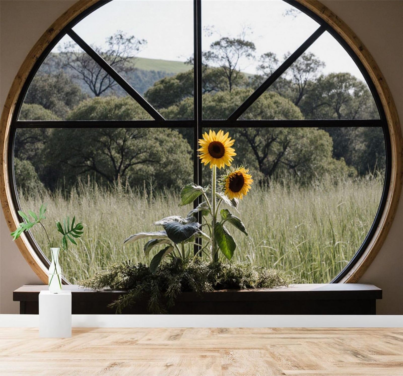 Xlming 250Cm×170Cm(B×H) Round Window Sunflowers Green Fields Trees Natural Scenery 3D Wallpaper Silky Texture Home Study Office Grey Dining Room Sofa Bedroom Living Room Tv Backdrop-250Cm×170Cm