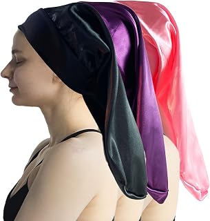 EASYLONGJEE 3 Pcs Hair Bonnets for Women Satin, Soft Elastic Band Silk Bonnet Sleeping Cap Big Bonnets Women, Curly Hair, Long Hair