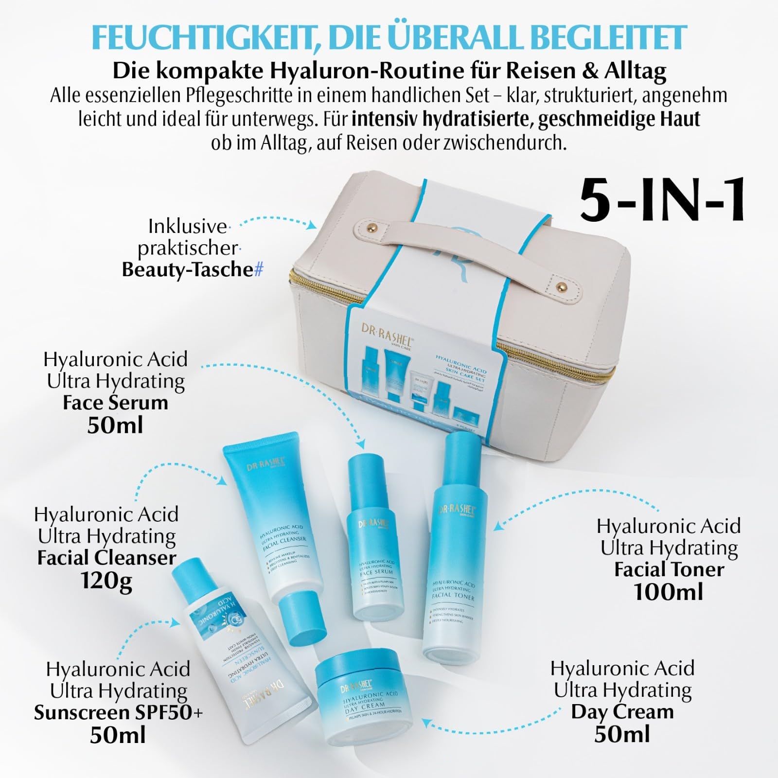 Hyaluronsäure Gesichtspflege Set 5-teilig - Anti-Falten Hautpflege mit Serum, Tagescreme, Nachtcreme, Reinigungsgel, Toner + SPF 50 Sonnenschutz - Anti-Aging, Hautpflege Hyaluronic Acid Geschenkset