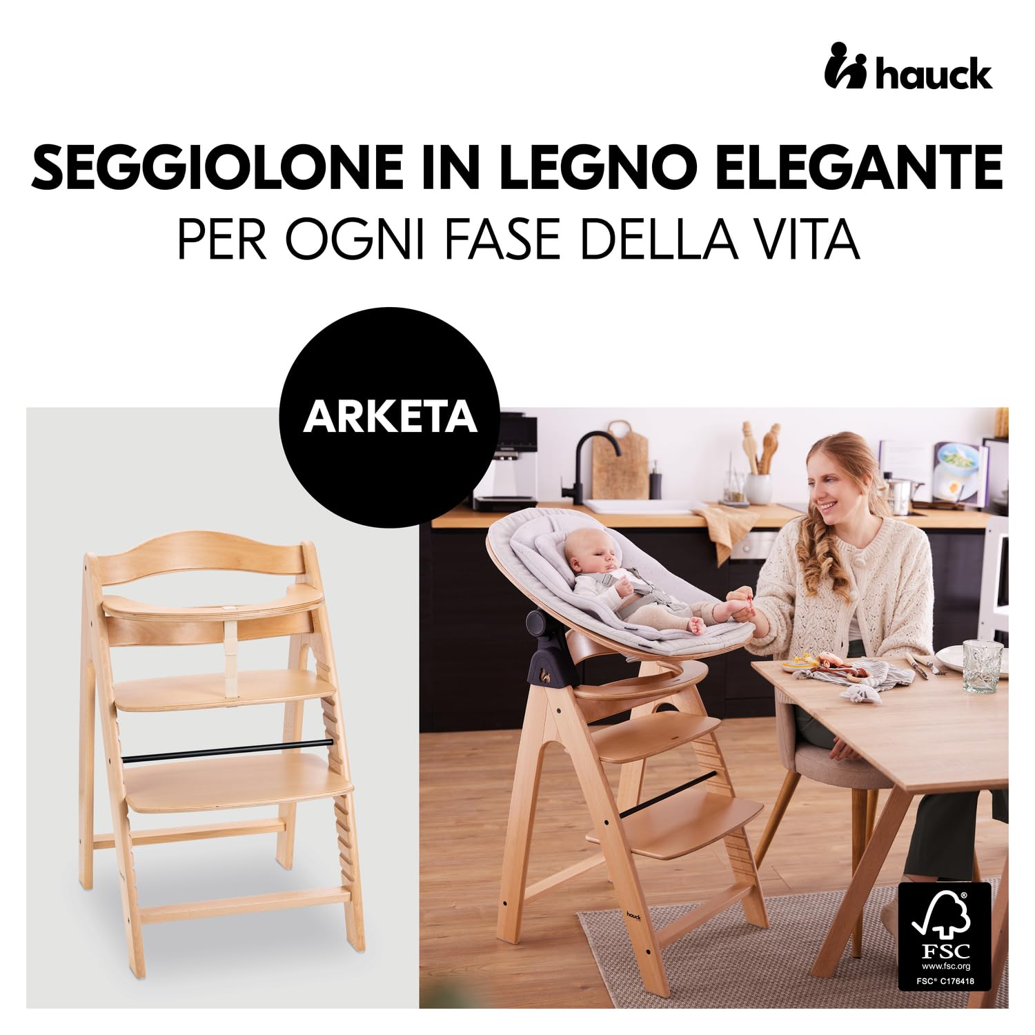 hauck Seggiolone Pappa in Legno Arketa - Seggiolone Evolutivo (Legno Certificato FSC®) dai 6 Mesi - Sedia per Bambini Regolabile, con Barra di Sicurezza e Cintura a 5 Punti - (Faggio)