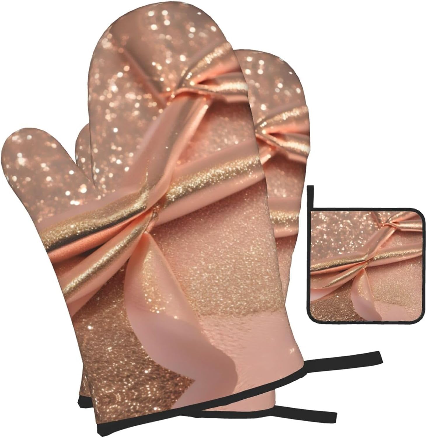 Rose Gold Glitter Print Heat Resistant Microwave Gloves, Used for Baking, Cooking, and Fashion Kitchen Essentials