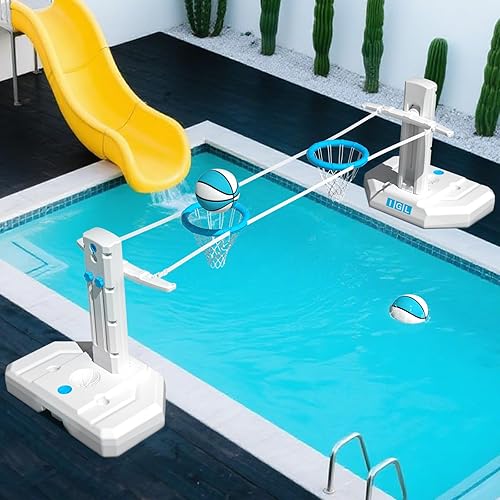 Miniatura 2 de IGL Red de voleibol para piscina y aro de baloncesto 2 en 1, red de voleibol ajustable en altura para piscina, aro de baloncesto junto a la piscina