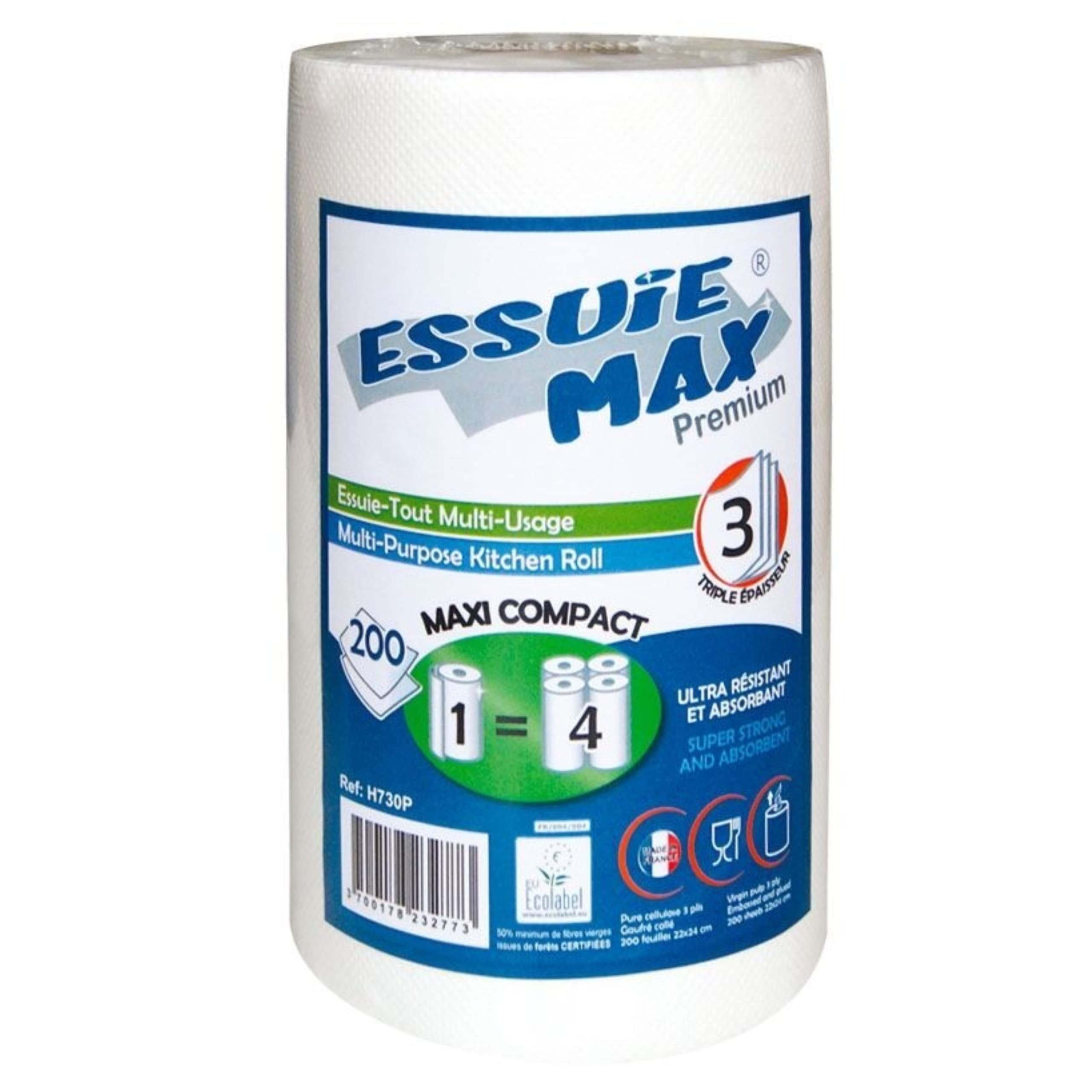 DSTOCK60 - Lot de 12 bobines essuie-tout multi usage maxi compact - 1 Rouleau=4 rouleaux - Bobine essuie main gaufre devidage central - 3 plis pure ouate - Qualité premium - Agréés contact alimentaire