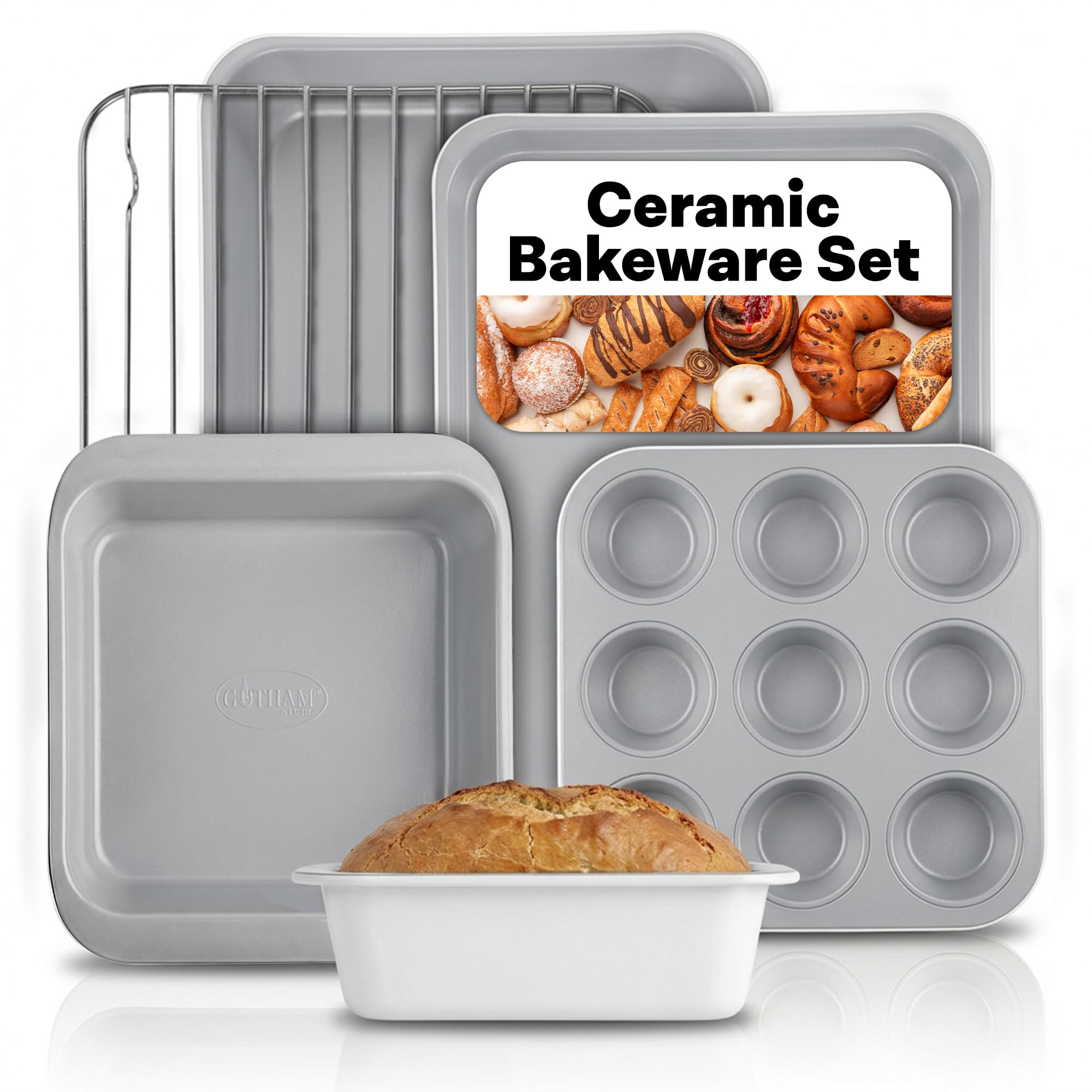 Gotham Steel 6 Pc Stackable Baking Pans Set, 70% Space Saving Design, Ceramic Bakeware Sets Non Toxic Made Without PFOA PFOS, with Baking Sheet Tray, Cake &amp; Muffin Pans, Oven &amp; Dishwasher Safe