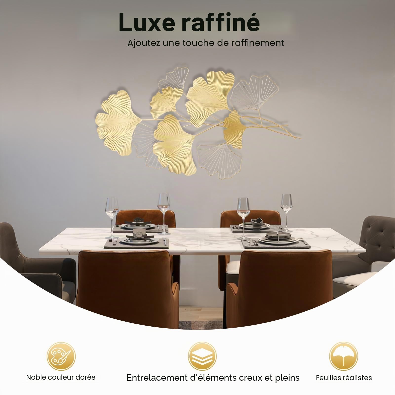 XUEMANSHOP Décoration murale en métal Gingko 55X110cm, Décoration murale pour le salon 3D Deko Or pour maisons résidentielles, modèles de villas, restaurants d'hôtel, établissements publics