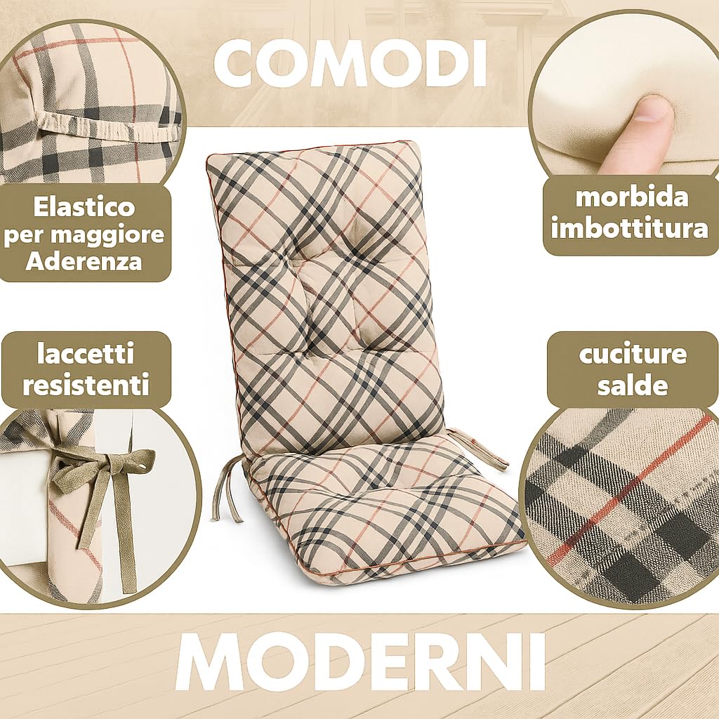 HAND Cuscino Ricambio per Poltrona Relax Harmony – Cuscino Sedia Sdraio 110x45x5 cm – Imbottito, con Elastico e Laccetti – Compatibile Sedie Legno Ferro PVC – Fantasia Beige Scozzese