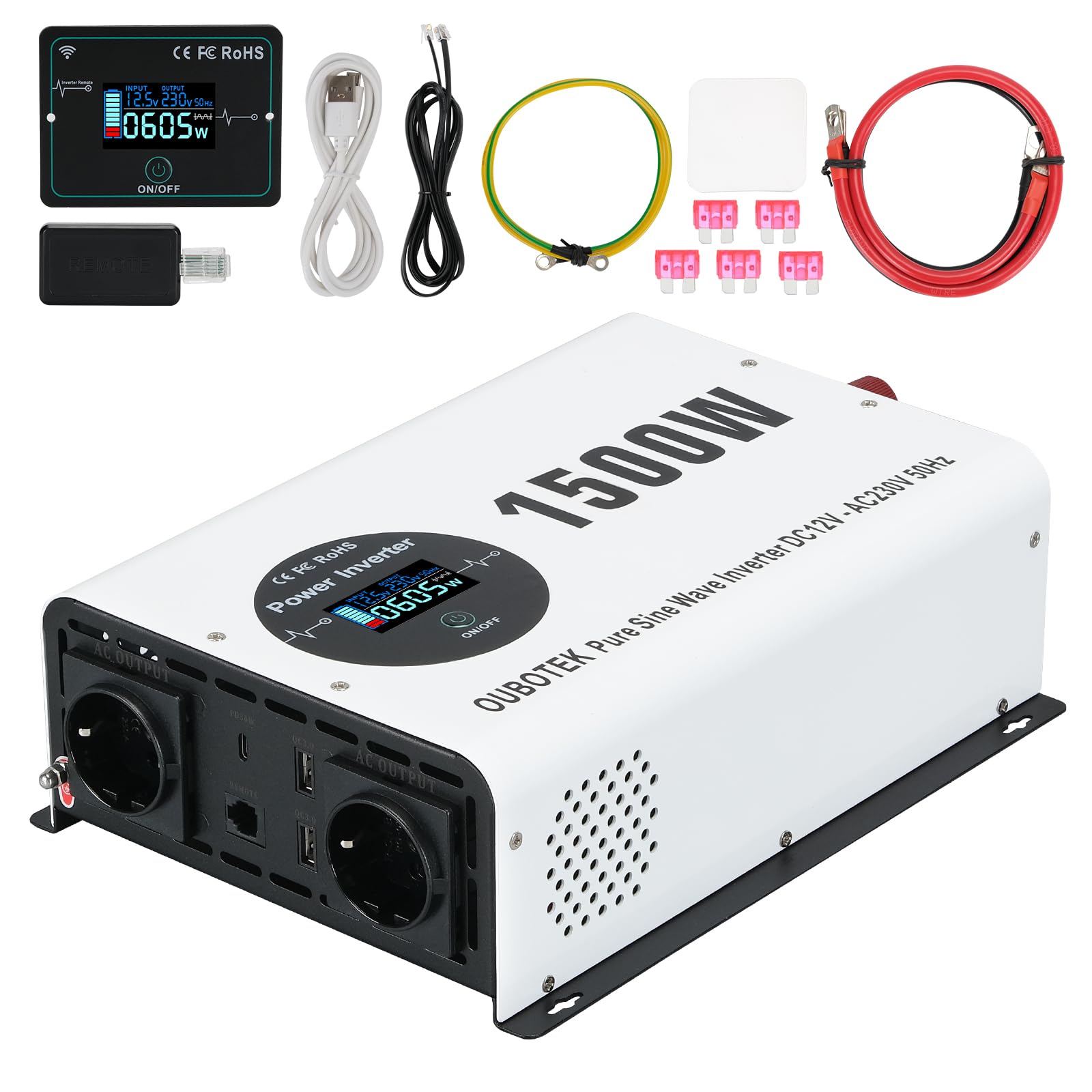 Convertidor de 1500 W/3000 W, de onda sinusoidal pura, CC de 12 V a CA 230 V, con control remoto inalámbrico, pantalla LCD, 2 tomas de corriente alterna, 2 USB A y 1 tipo C, convertidor de