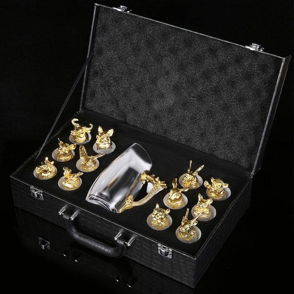 Estante de vino Decantador de whisky Doce signos del zodiaco Decantador de whisky y vaso Juego de regalo Vasos de chupito con cabeza de animal Vidrio creativo Sake retro chino Dispensador de tazas d