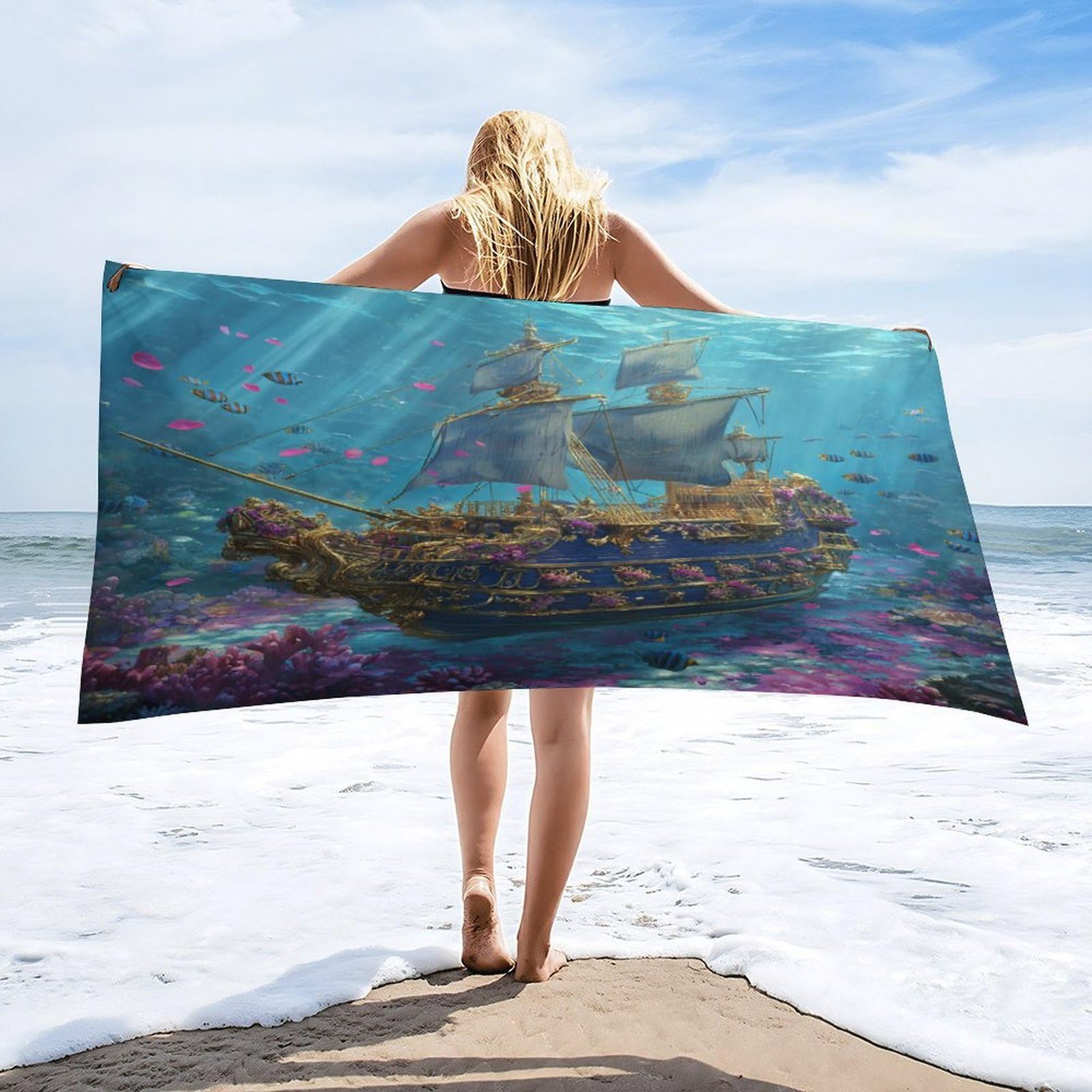 Luyysky Beautiful Nautical Pirate Ship Quick-Drying Beach Towel, Romantic Watercolor Ocean Underwater Animal Fish Coral Travel Vacation Single Sided Pile Bathroom Towels-80 W Cm X 160" L Cm