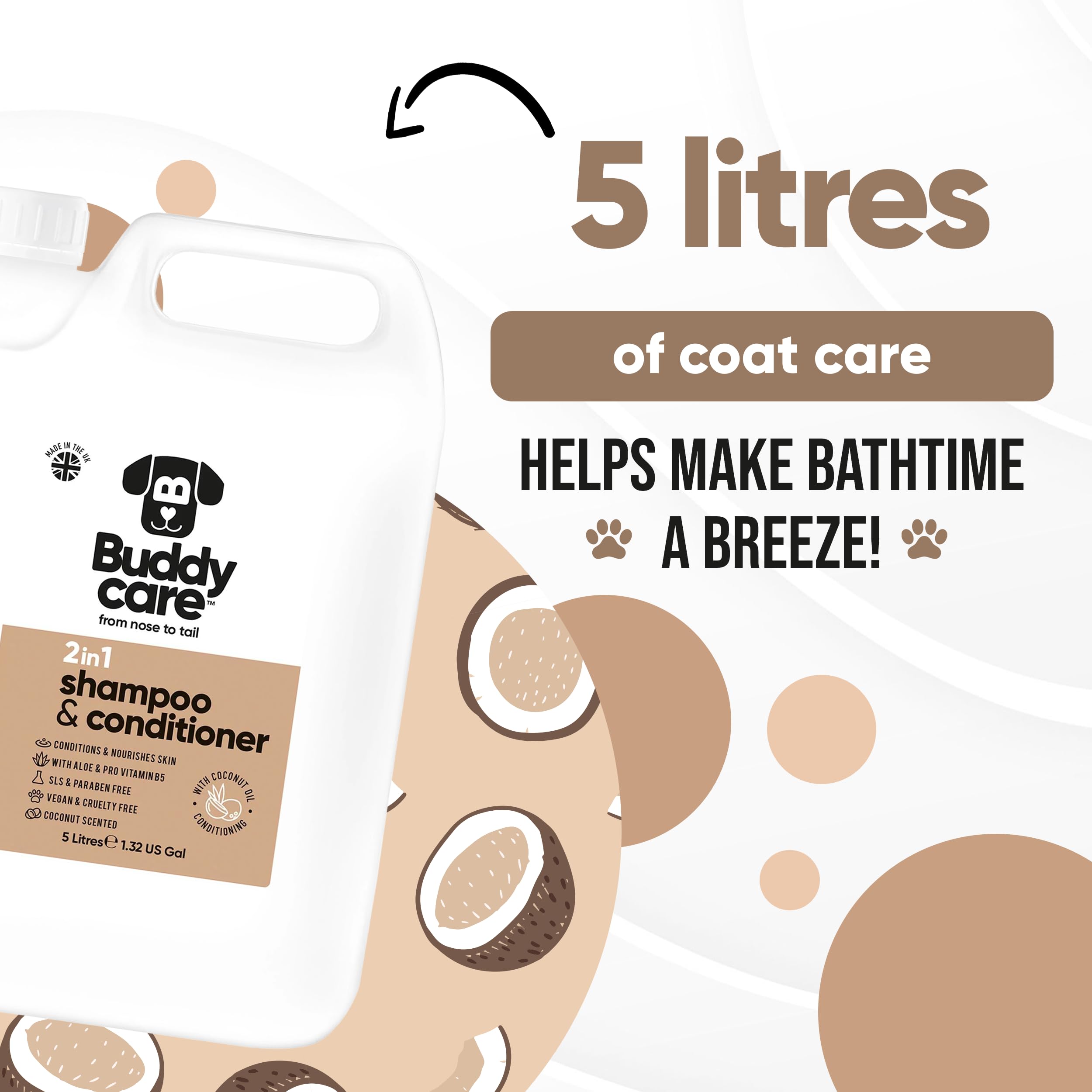 Buddycare Shampoo e balsamo per cani | Al Profumo Di Cocco | Con Aloe Vera e Pro Vitamina B5, 2 in 1, 5L