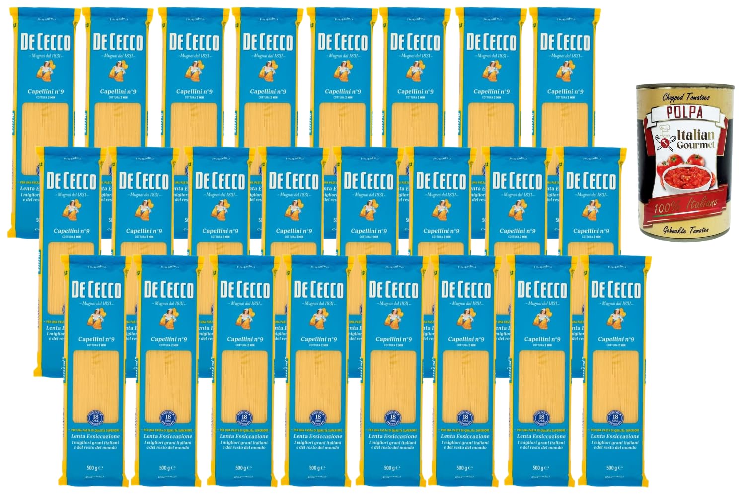 Italian Gourmet De Cecco Capellini Nr. 9 – Italienische Pasta aus Hartweizengrieß, extra feine Nudeln (Angel Hair), ca. 2 Min Kochzeit, langsam getrocknet 24 x 500 g + Italian Gourmet polpa