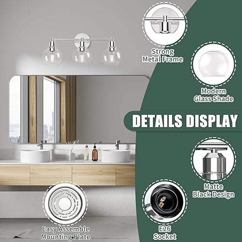 Miniatura 3 de Espird 3 luces cromadas para tocador de baño, luces de baño sobre el espejo, aplique de pared industrial y de granja, 3 luces, globo cromado pulido