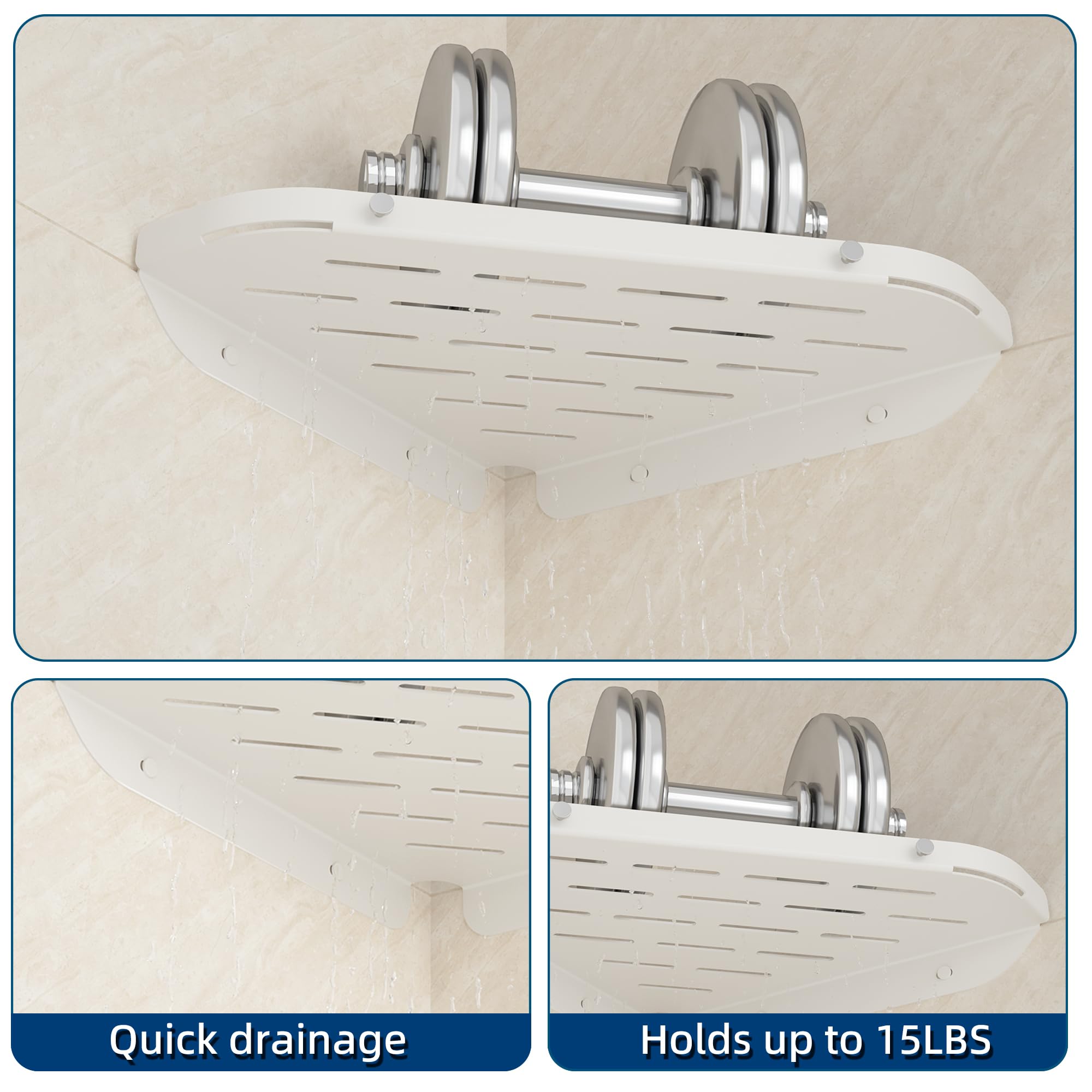Neodrain 2 estantes de ducha esquineros de acero inoxidable sin taladrar, color blanco, con ganchos para el baño, soporte para champú, 2 unidades