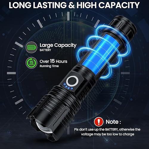 Miniatura 4 de Paquete de 4 linternas recargables de alto lúmenes, luz de flash de 99000 lm, linternas LED brillantes ajustables con 5 modos y cable USB, linterna