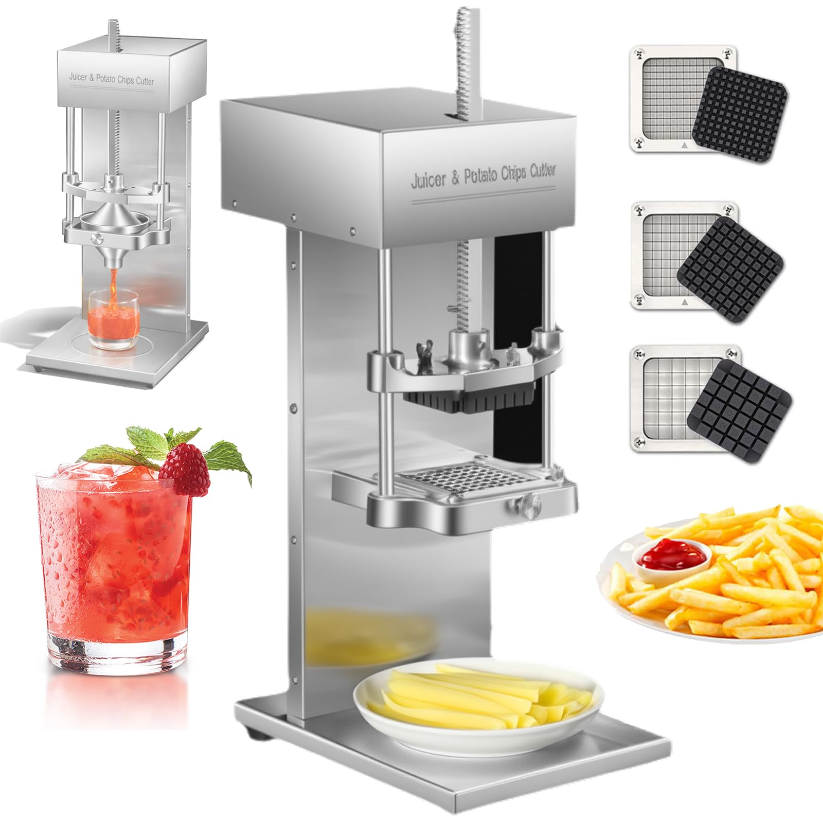GYKOZY Citrus Juicer and Potato Chips Cutters, Vertical Commercial Fry Cutters with 3 Blades for Potatoes, Carrots, Cucumber, Juices Fresh Citrus and Cuts Fries