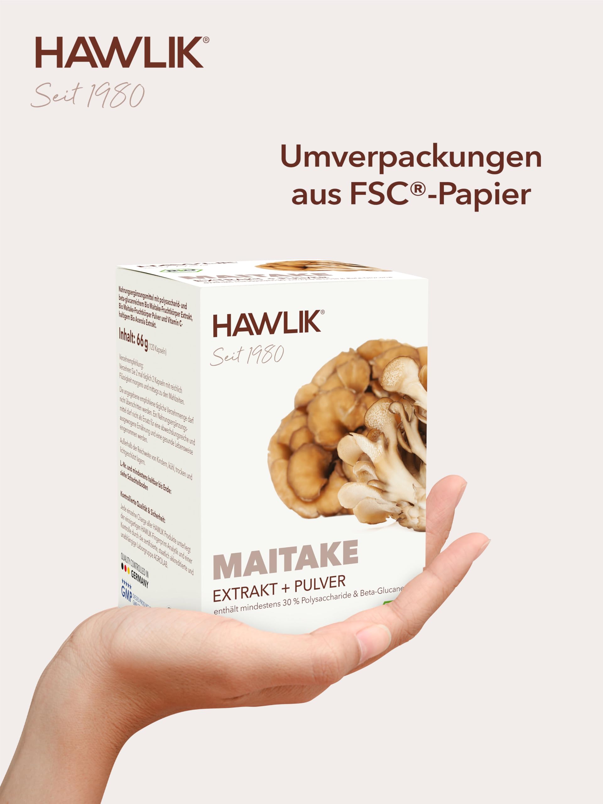 HAWLIK Vitalpilze Bio Maitake Extrakt + Pulver Kapseln - 120 Kapseln im Blister - Mit Vitamin C - Extrakt & Pulver - Natürlicher Anbau - Vegan