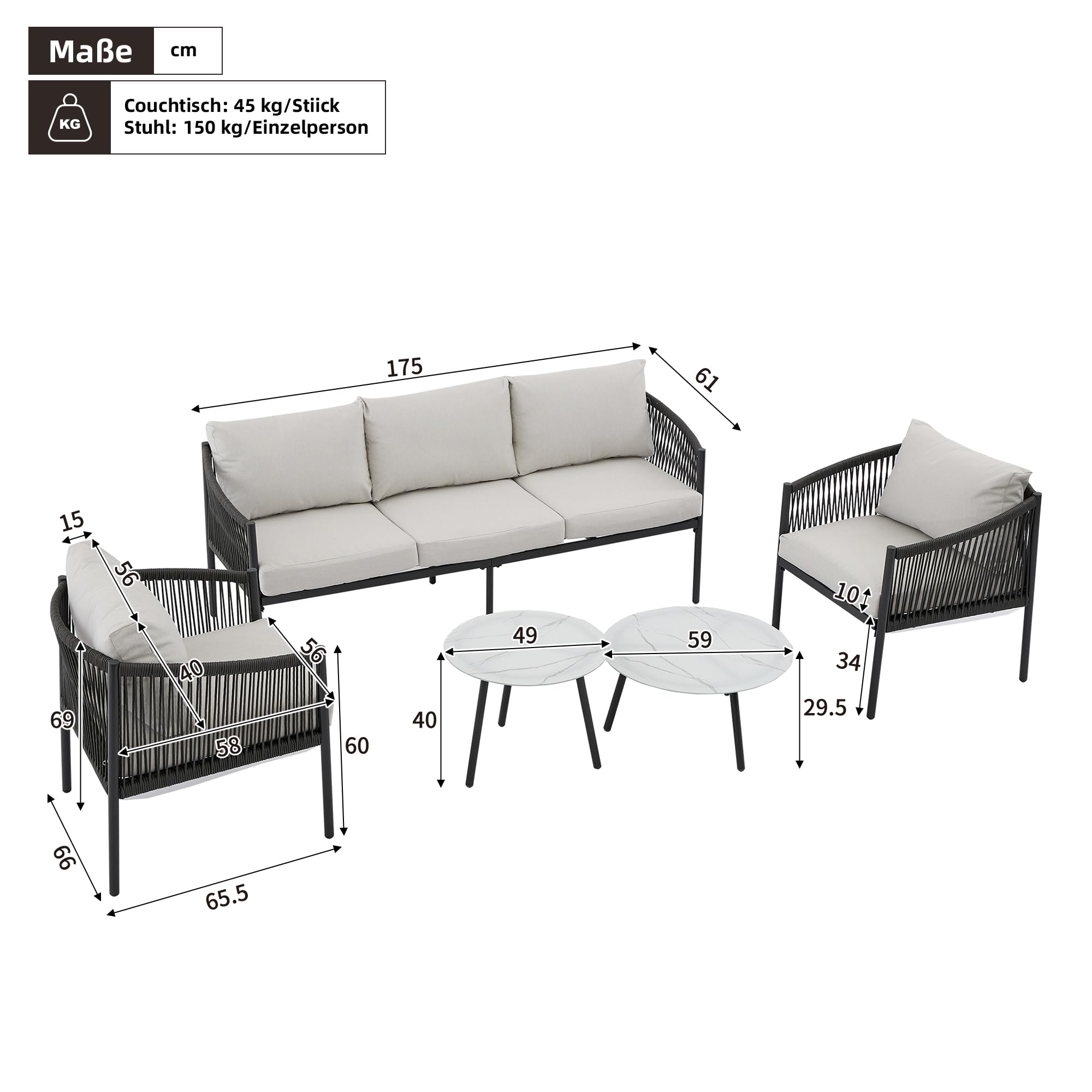 Lexiou Set di sedie da giardino, divano a 3 posti, 2 poltrone e 2 tavolini, per esterni, piano in vetro laccato marmo, corda intrecciata a mano, grigio