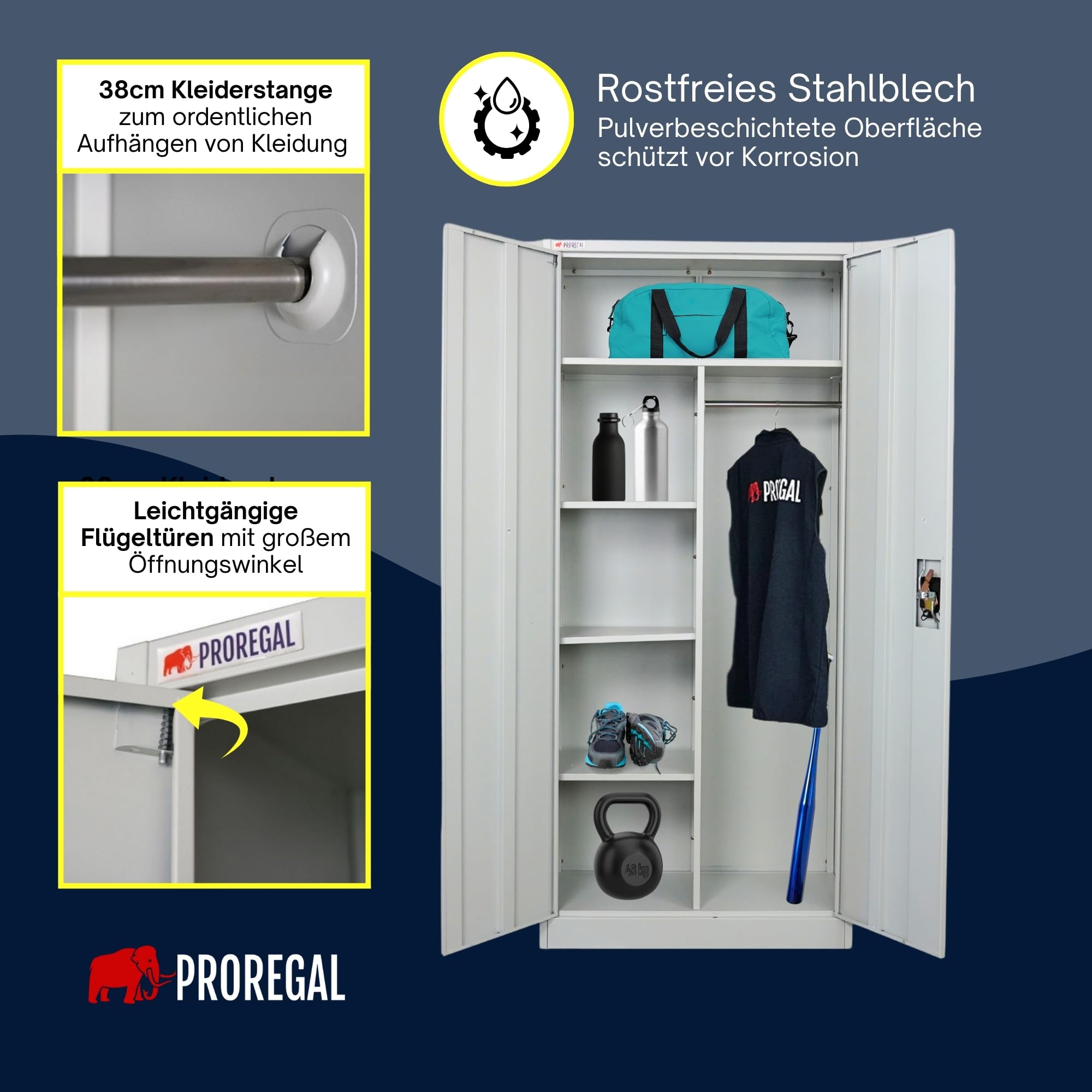 PROREGAL Mega Deal 2x Flügeltürenschrank ELEPHANT Metall Spind abschließbar 2 Türen 180x80x40cm Stahl 6 Fächern & Kleiderstange Stahlschrank Pulverbeschichtung Lichtgrau Garderobenschrank Aktenschrank