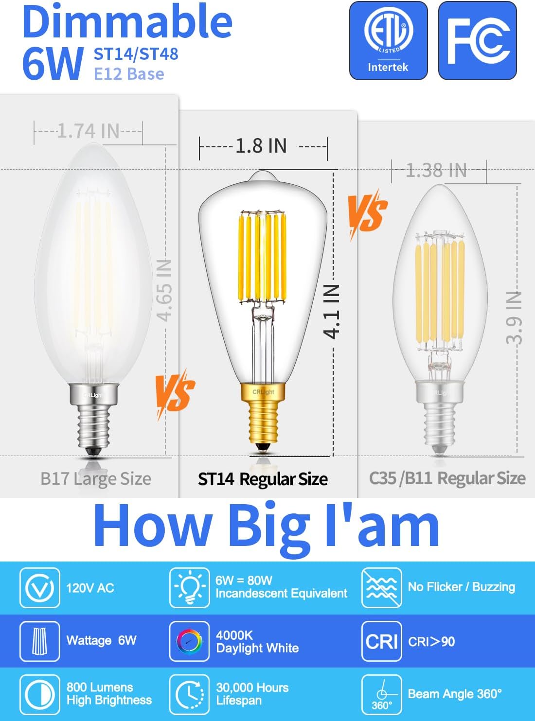 CRLight 6W 4000K LED Candelabra Bulb Daylight White, 80W Equivalent 800LM Dimmable, E12 LED Light Bulbs, Vintage Edison Style ST48 / ST14 Clear Glass Decorative Chandelier Bulbs, 8 Pack