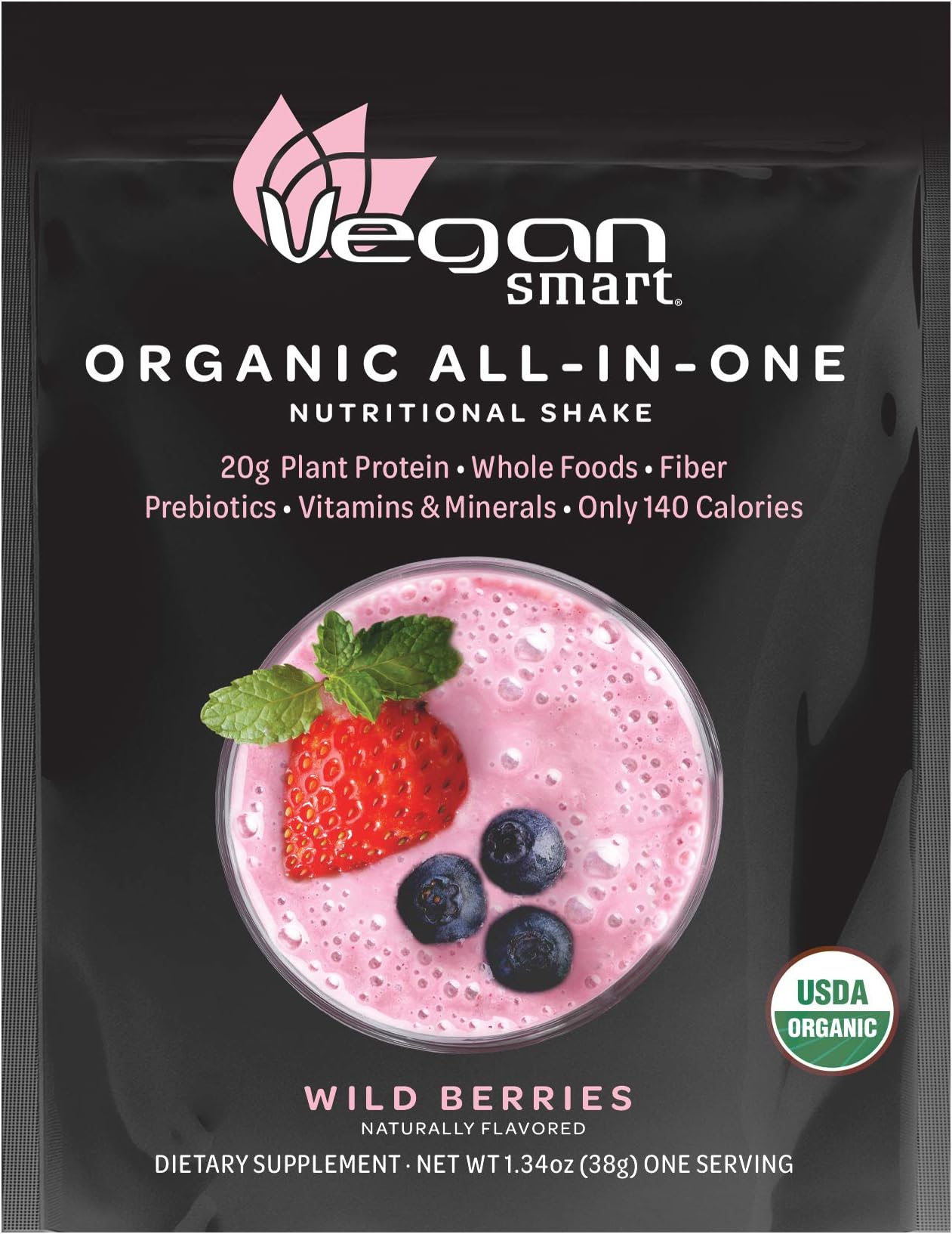 Vegansmart Organic Plant Based Protein Powder by Naturade, All-In-One Shake - Wild Berries, Single Serving Packet