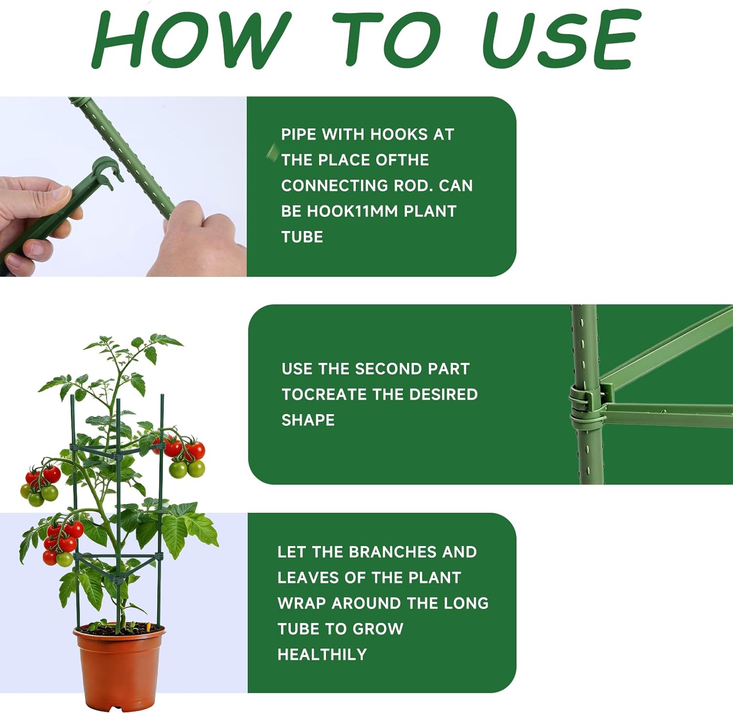 100pcs Garden Stakes Arms for Tomato Cage, Plant Trellis Connectors, Attach 0.63 Inch Dia Tomato Stakes and Plant Stick Supports, 11.8in Plastic Connecting Rod (16mm，No Stake)